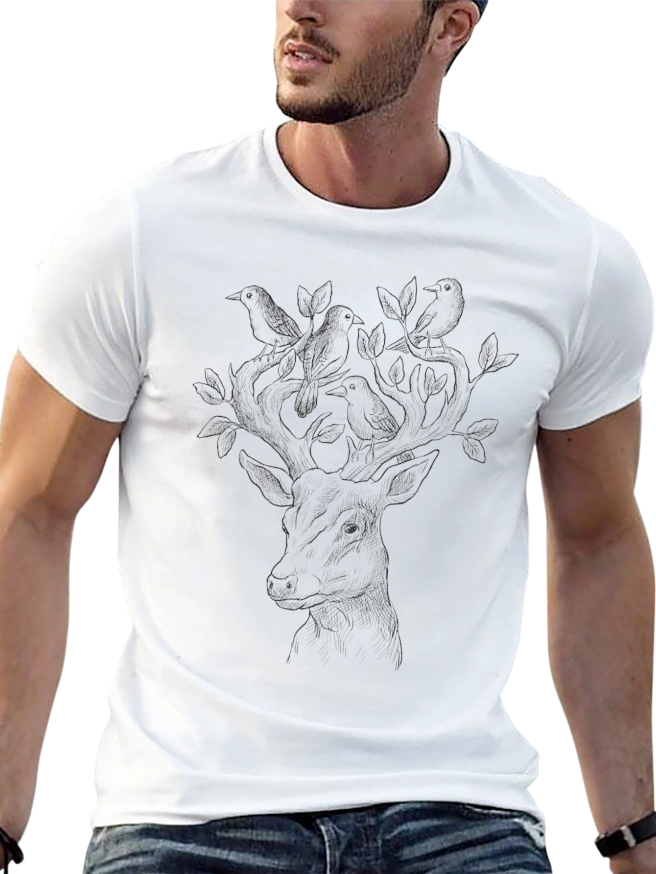 Deer & Birds Graphic Tee - Nature Inspired Design