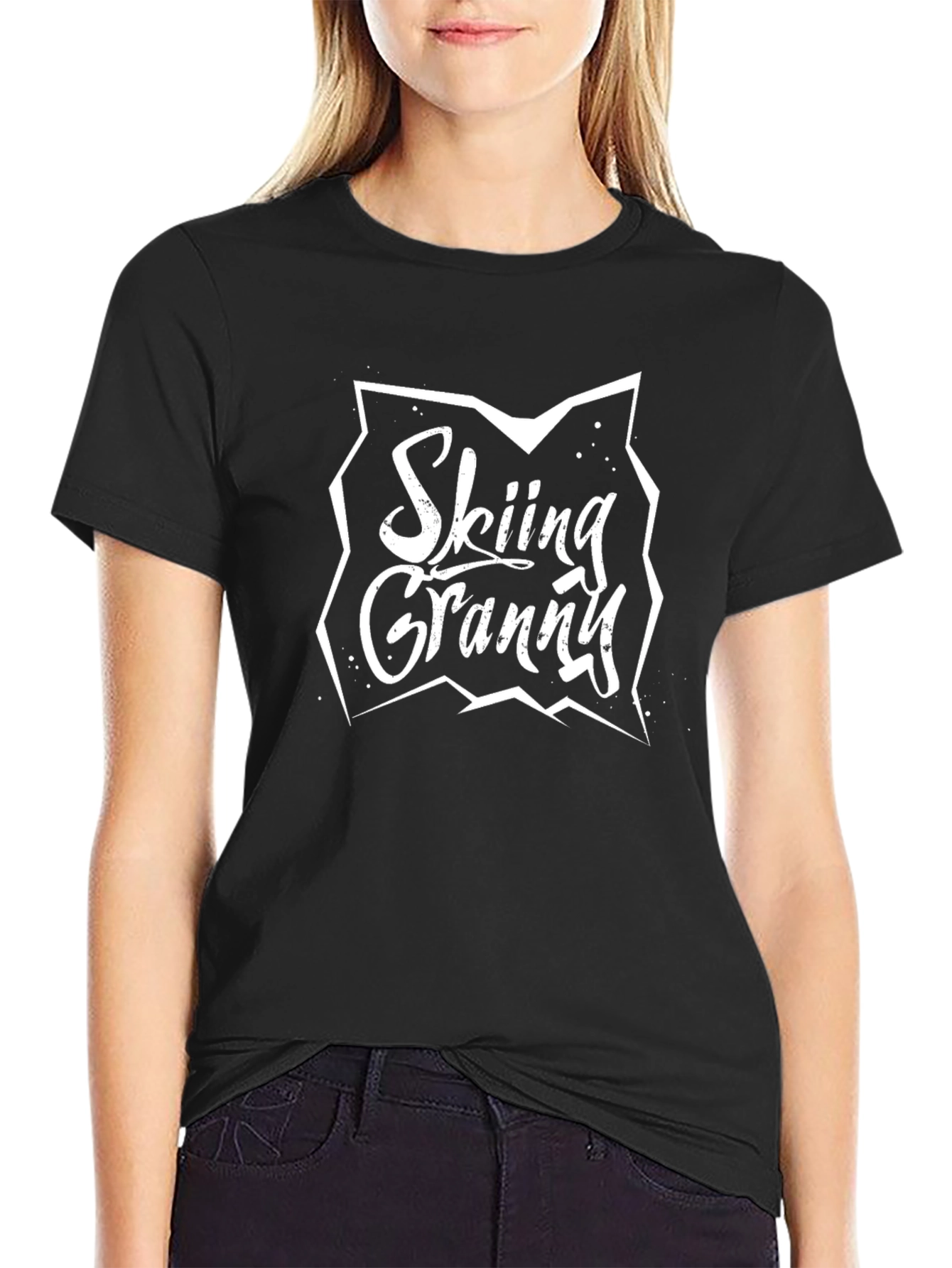 Skiing Granny Black Cotton T-Shirt