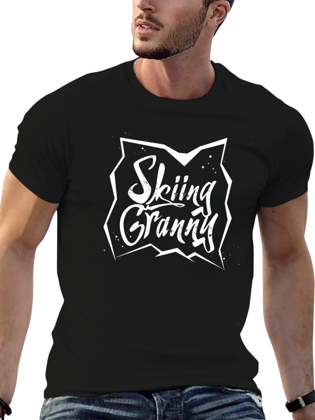 Skiing Granny Black Cotton T-Shirt
