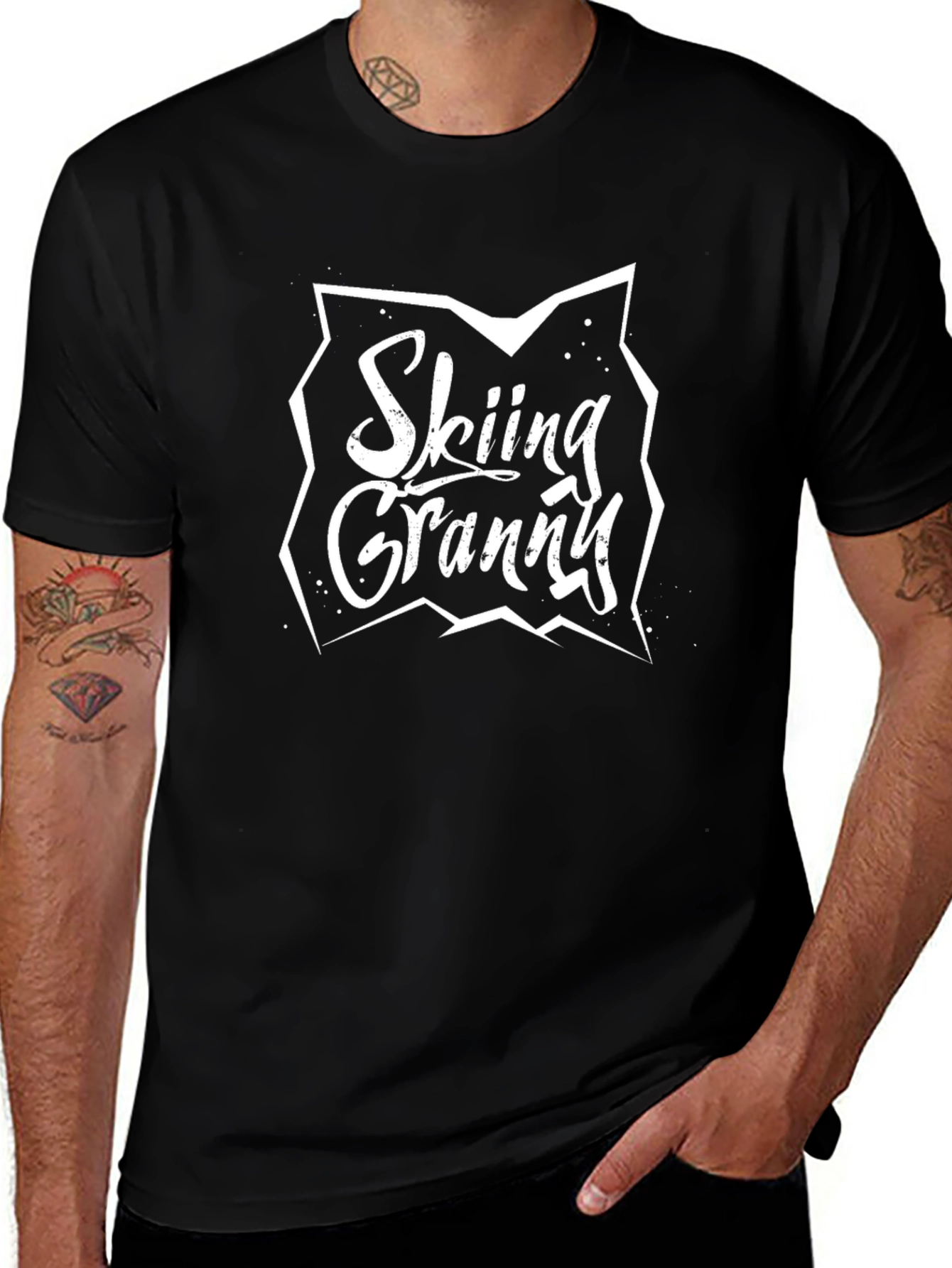 Skiing Granny Black Cotton T-Shirt