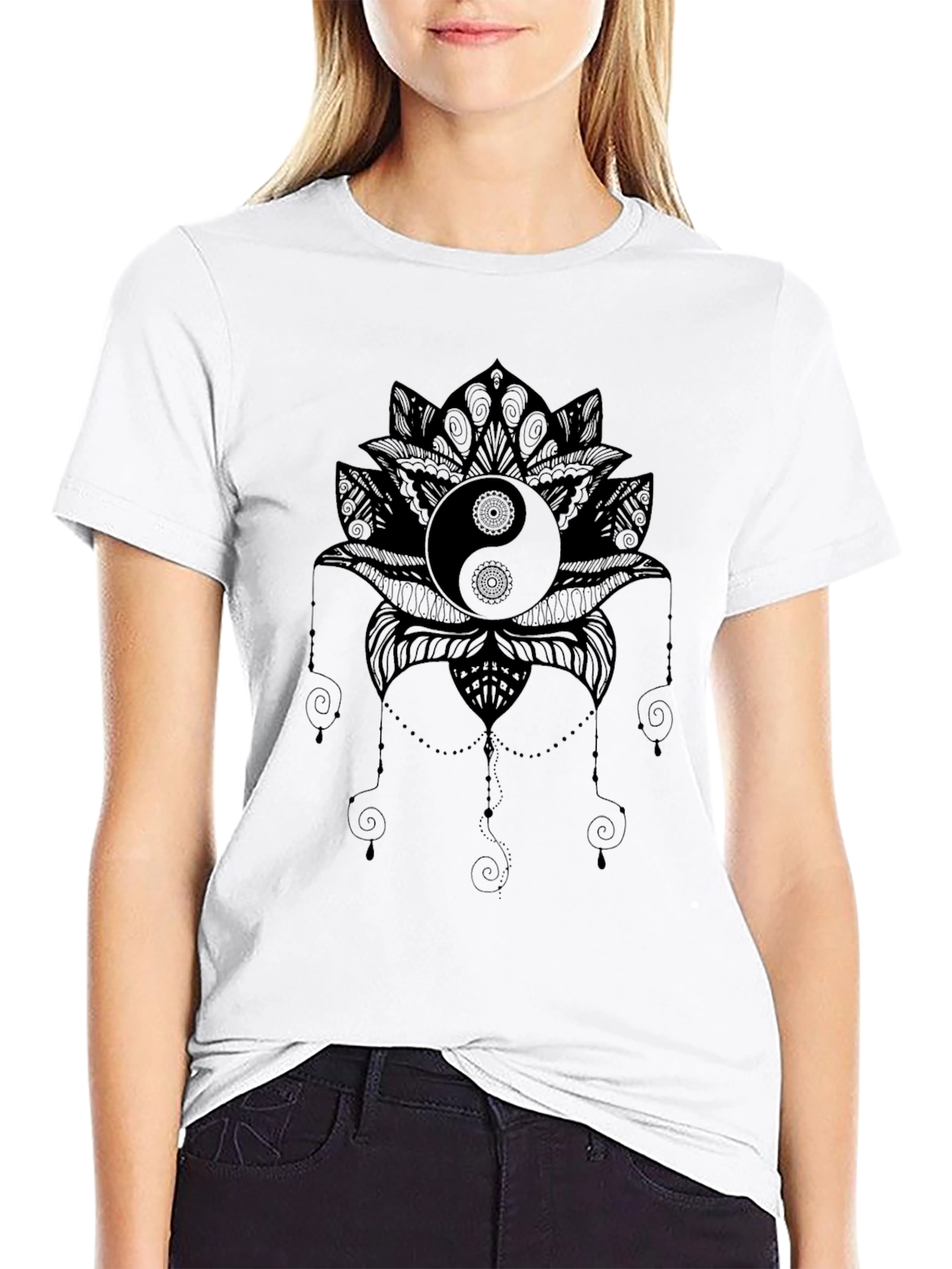 Yin Yang Lotus Graphic Tee - Black