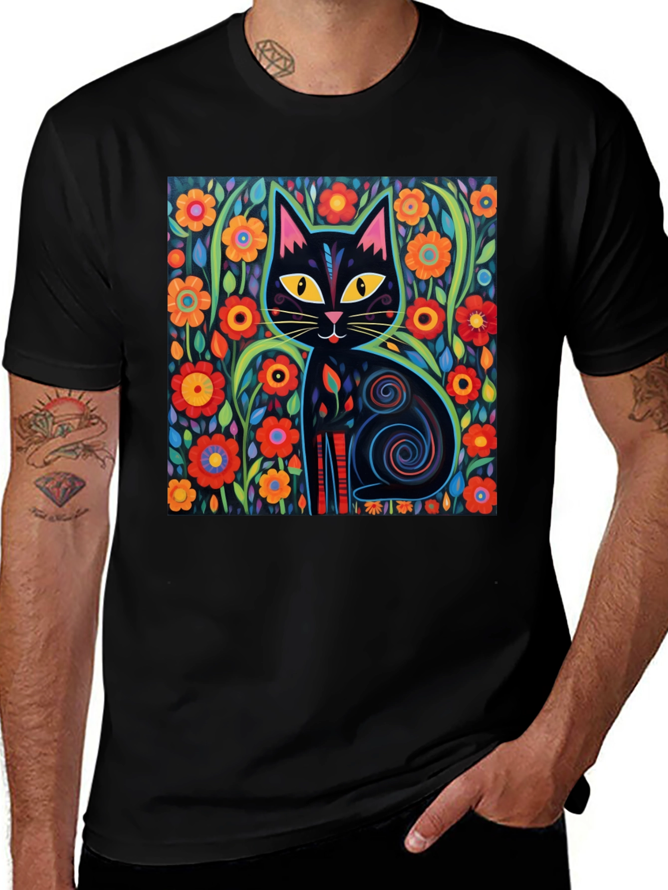 Floral Cat Graphic Tee - Black
