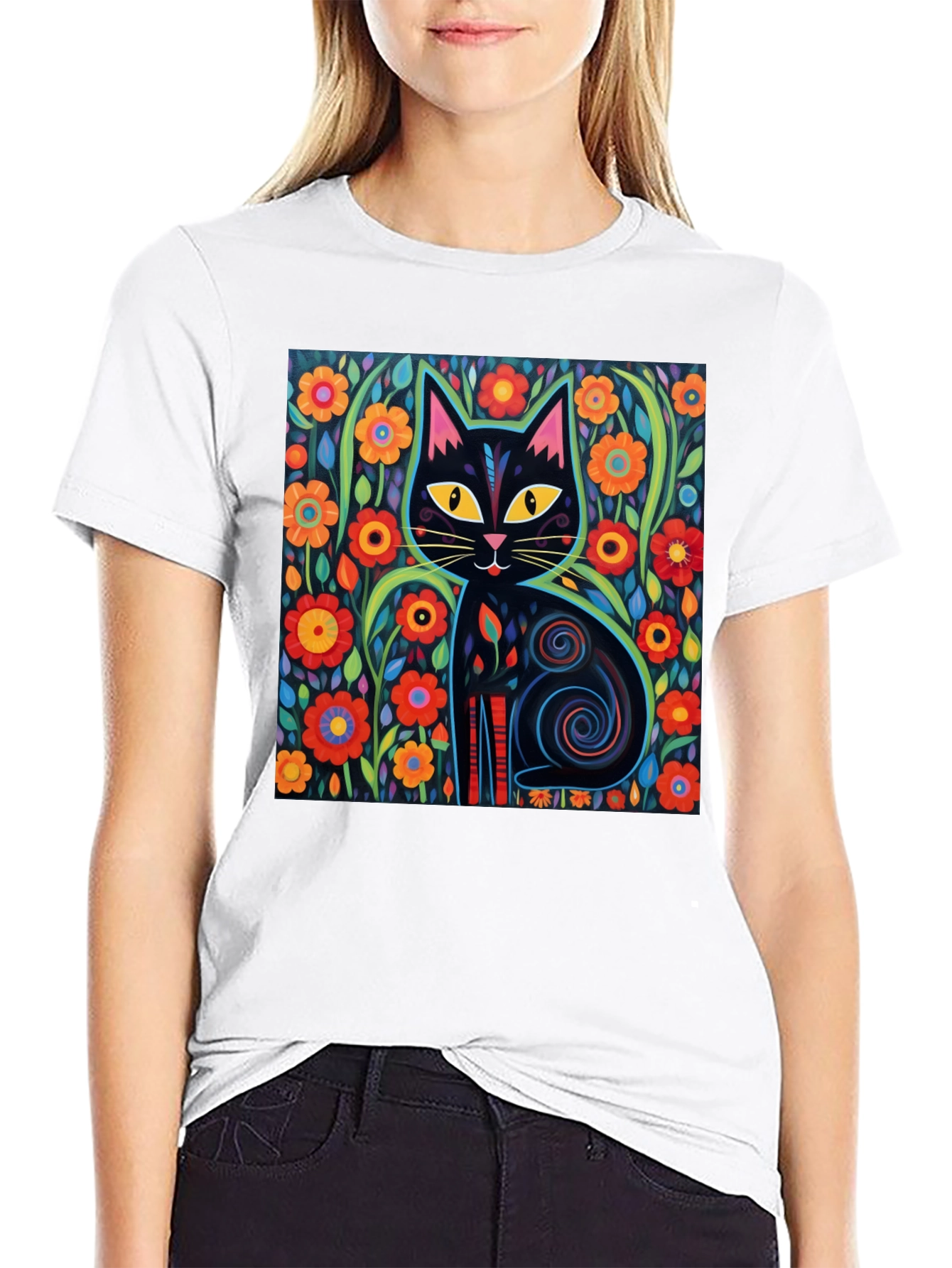 Floral Cat Graphic Tee - Black