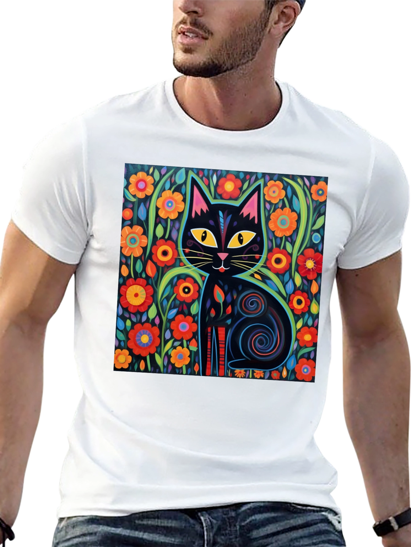 Floral Cat Graphic Tee - Black