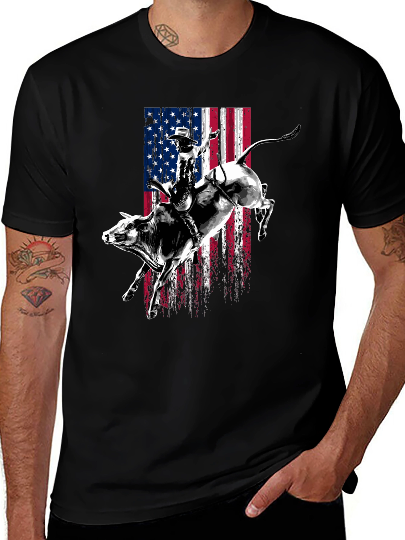 Rodeo Bull Rider USA Flag Graphic T-Shirt
