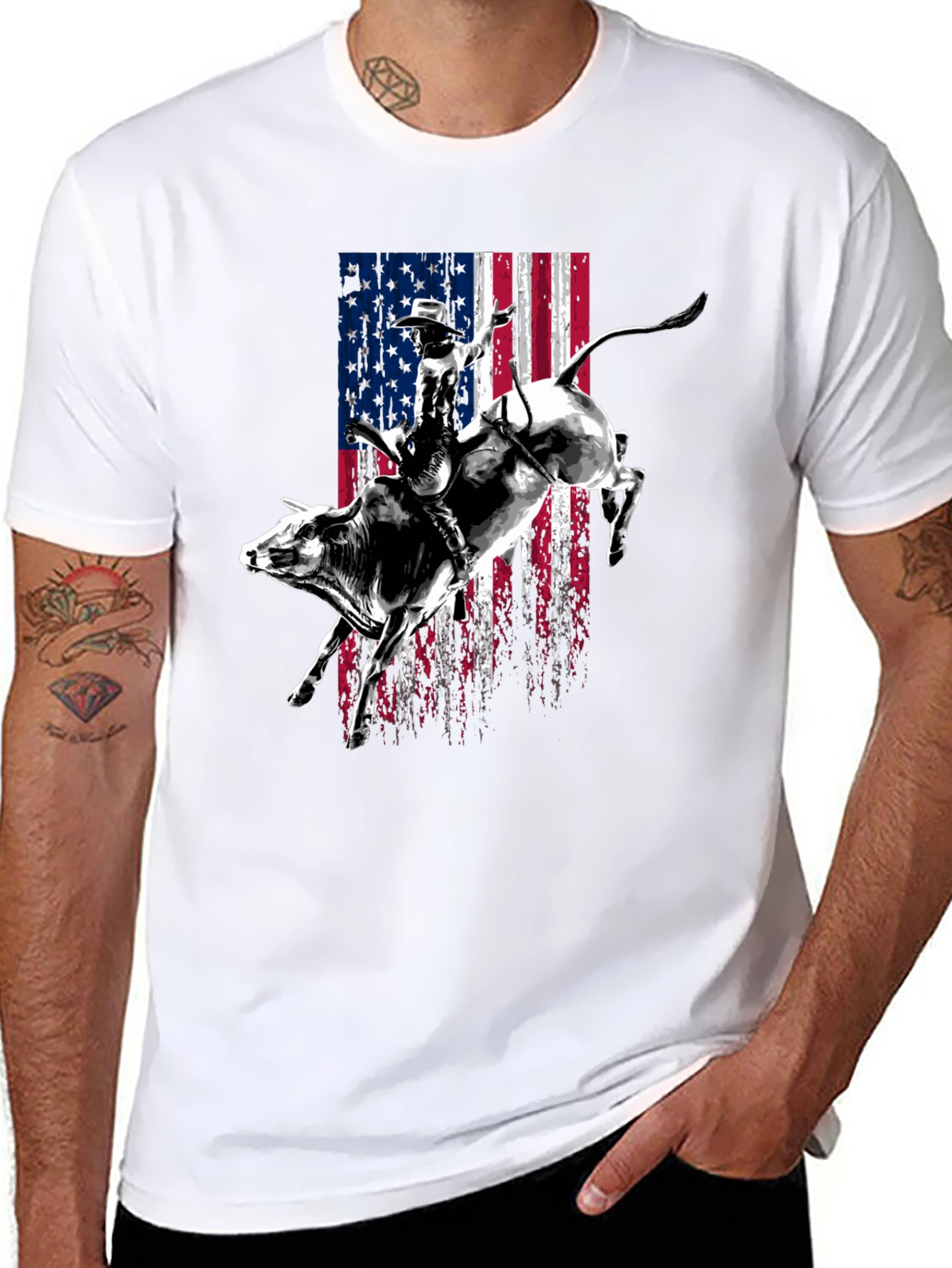 Rodeo Bull Rider USA Flag Graphic T-Shirt