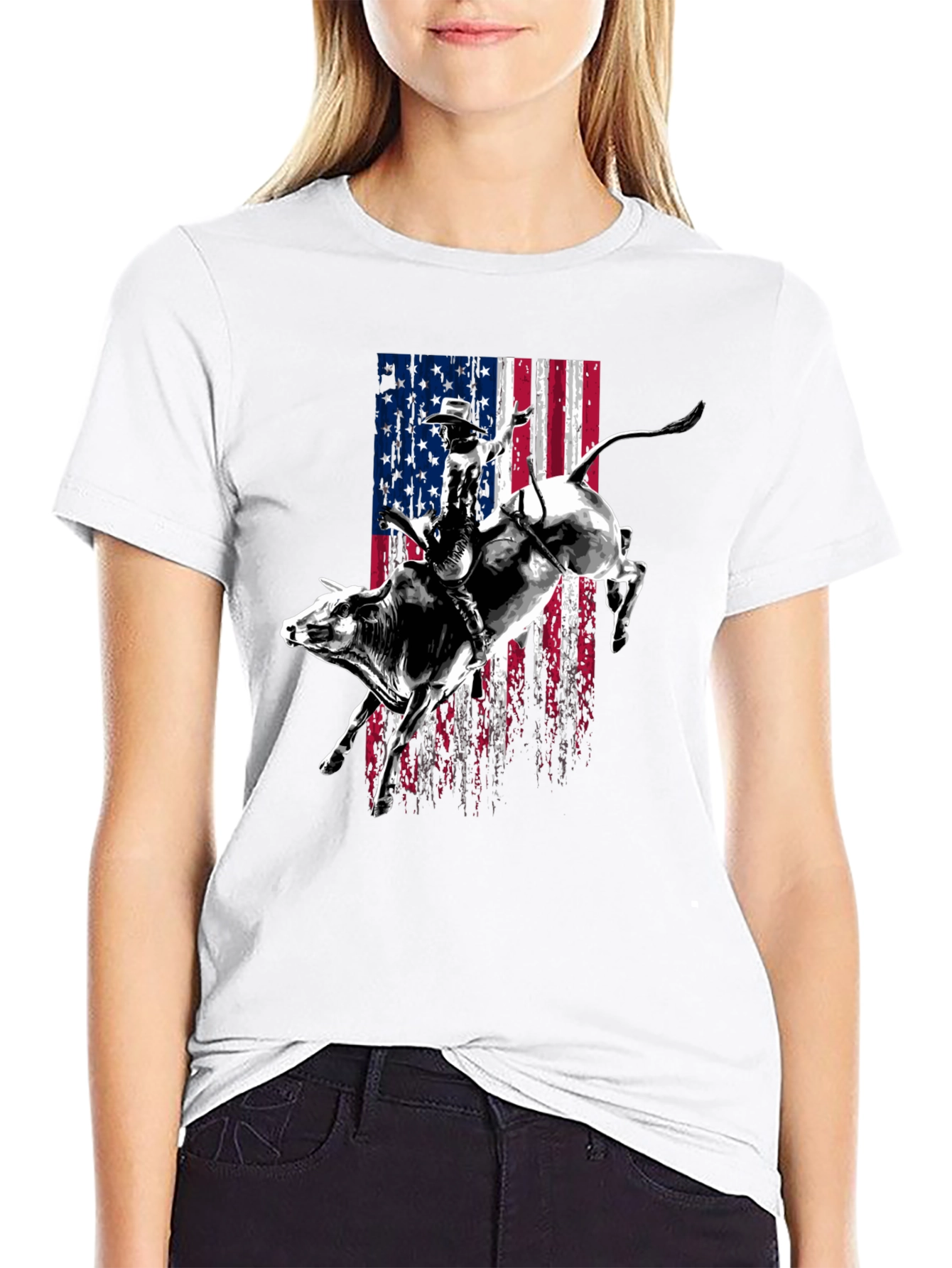Rodeo Bull Rider USA Flag Graphic T-Shirt