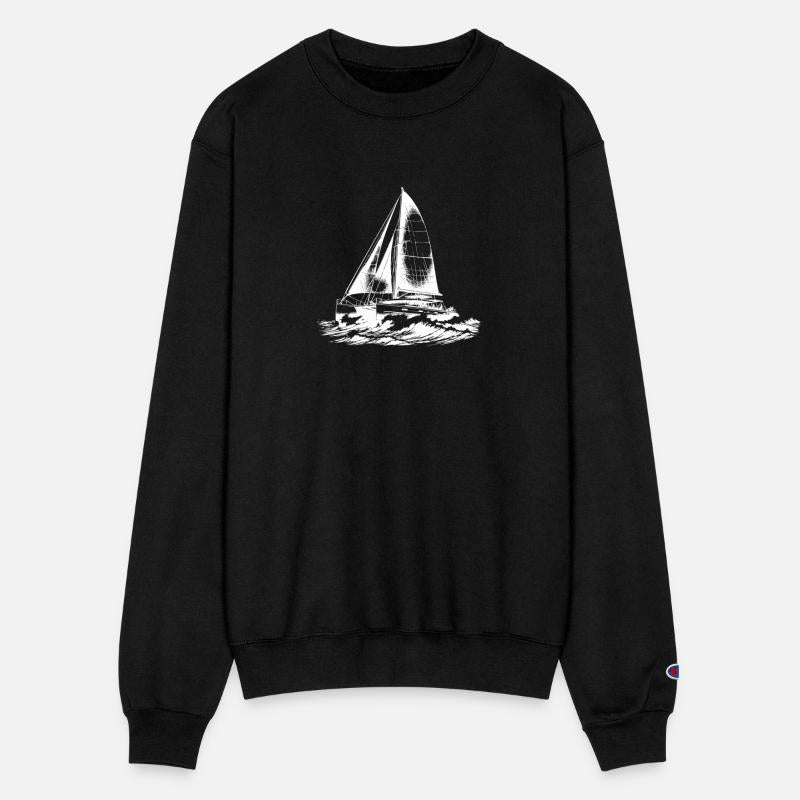 Chic Catamaran In Waves Under Sail Wind