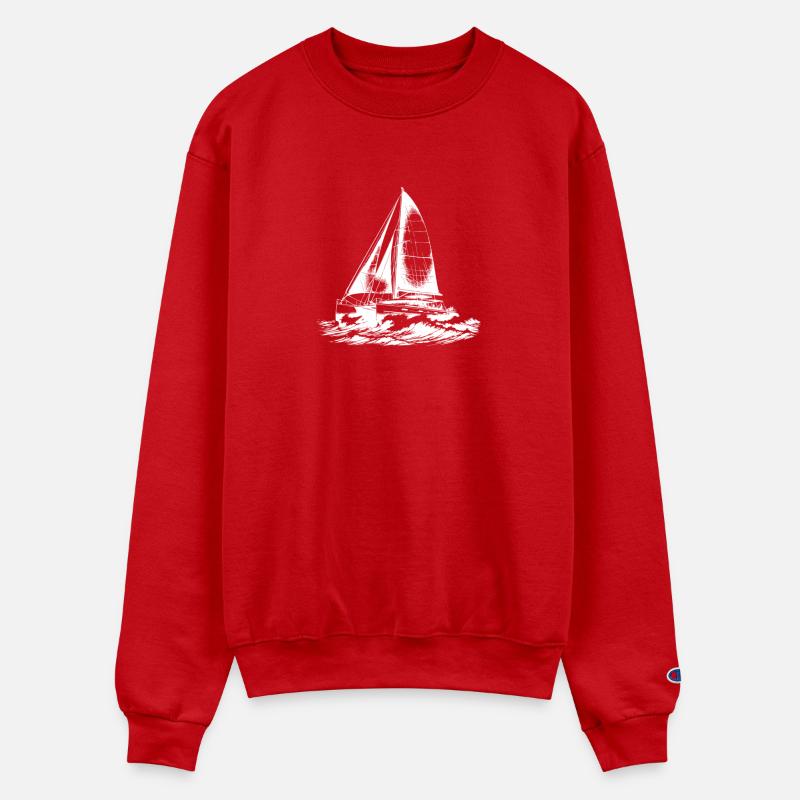 Chic Catamaran In Waves Under Sail Wind