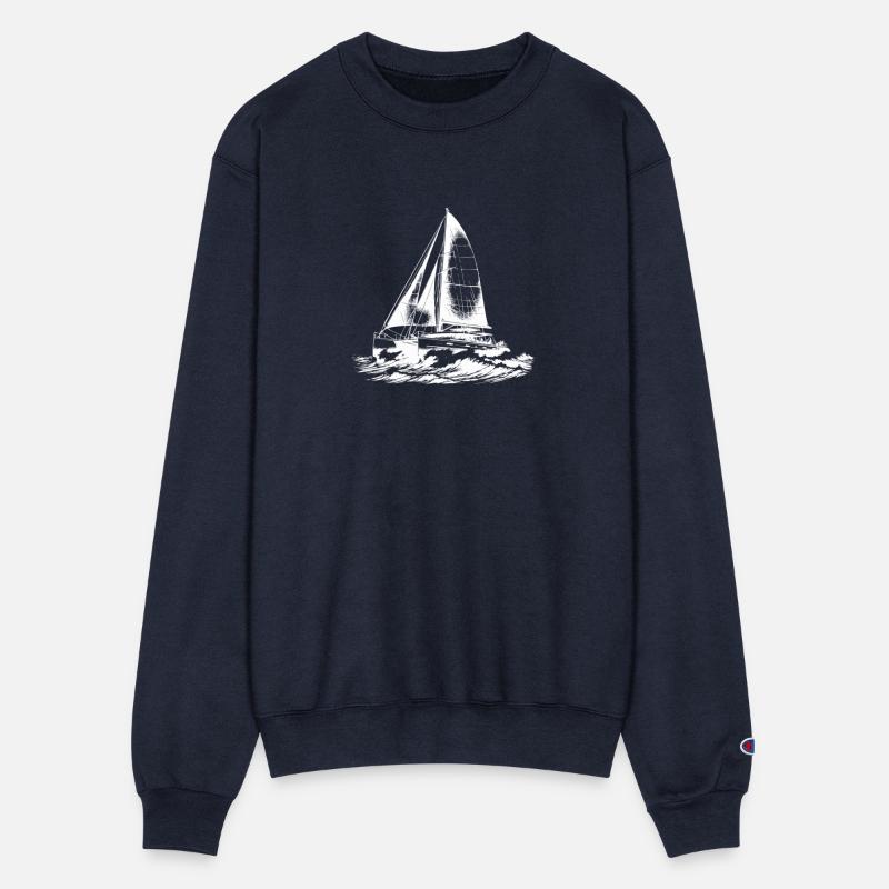 Chic Catamaran In Waves Under Sail Wind