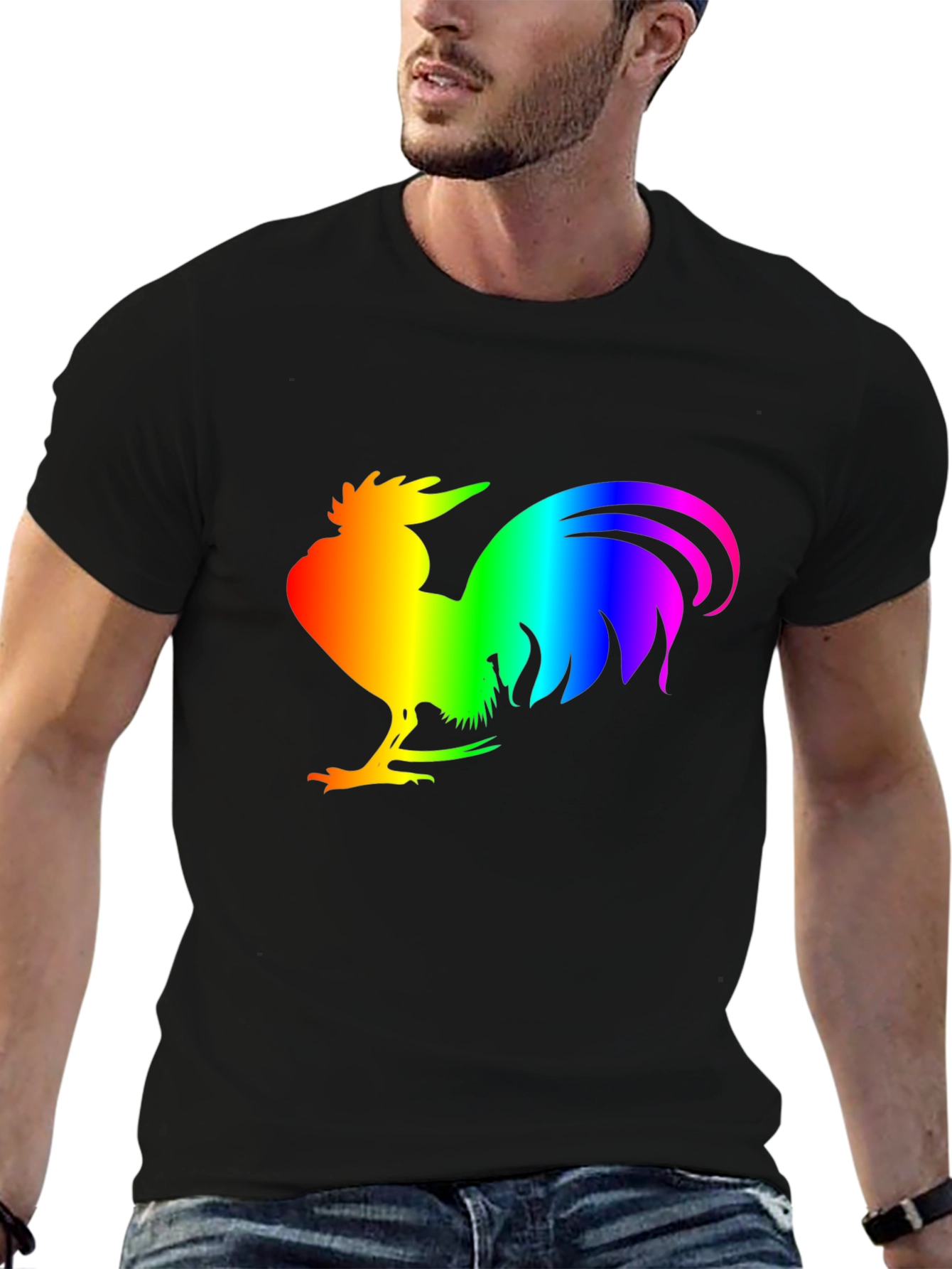Rainbow Rooster Graphic Tee - Black Cotton Comfort