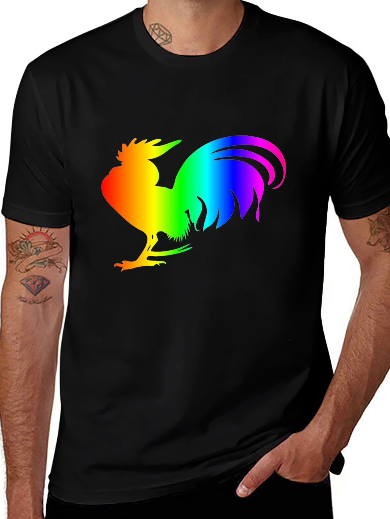 Rainbow Rooster Graphic Tee - Black Cotton Comfort