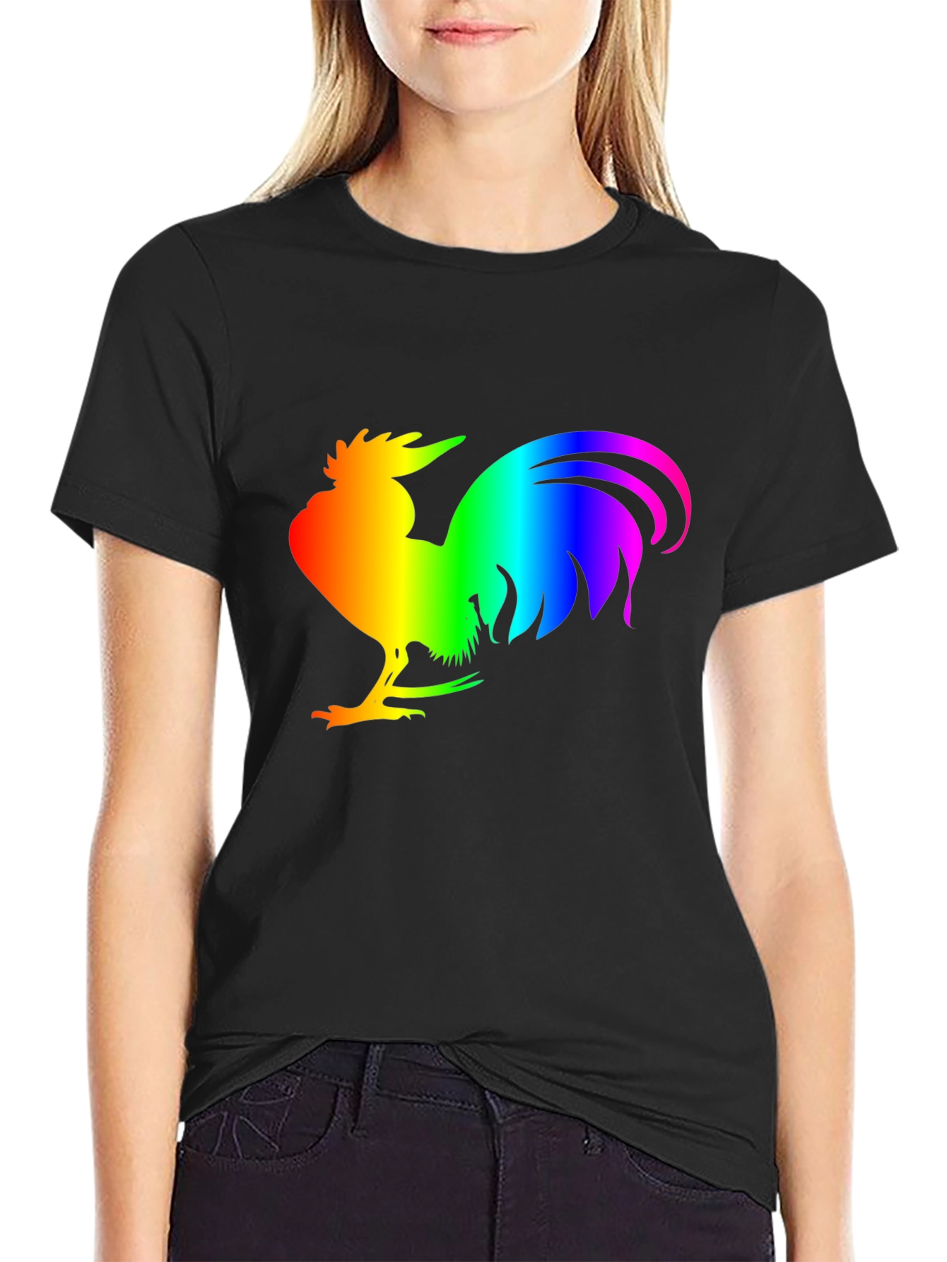 Rainbow Rooster Graphic Tee - Black Cotton Comfort