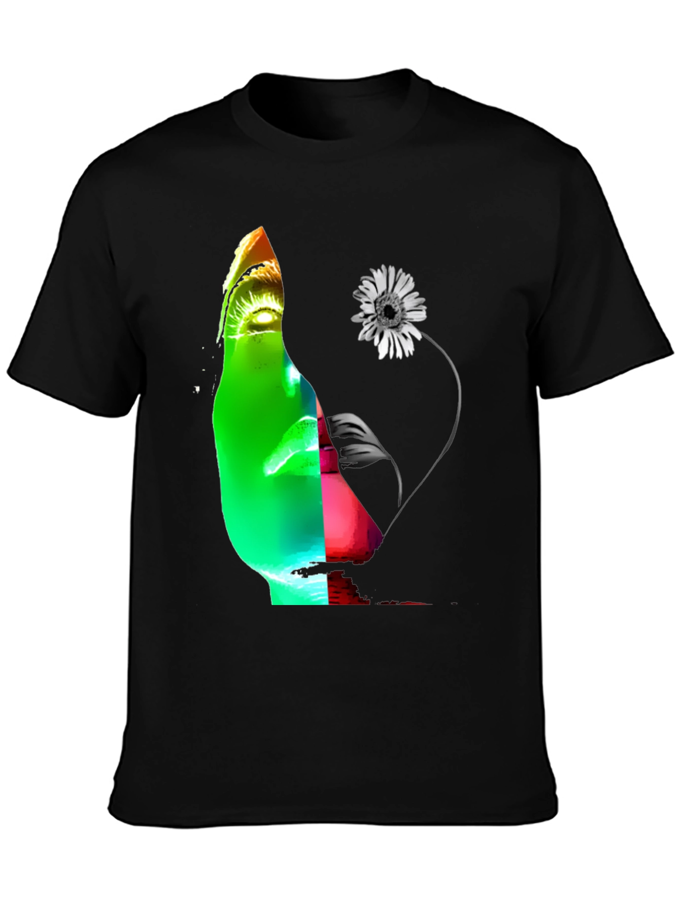 Abstract Face & Flower Graphic Black T-Shirt