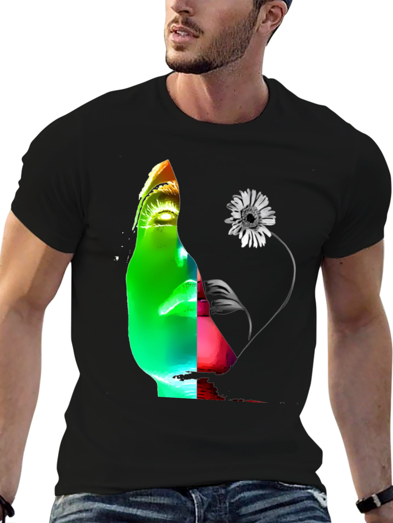 Abstract Face & Flower Graphic Black T-Shirt