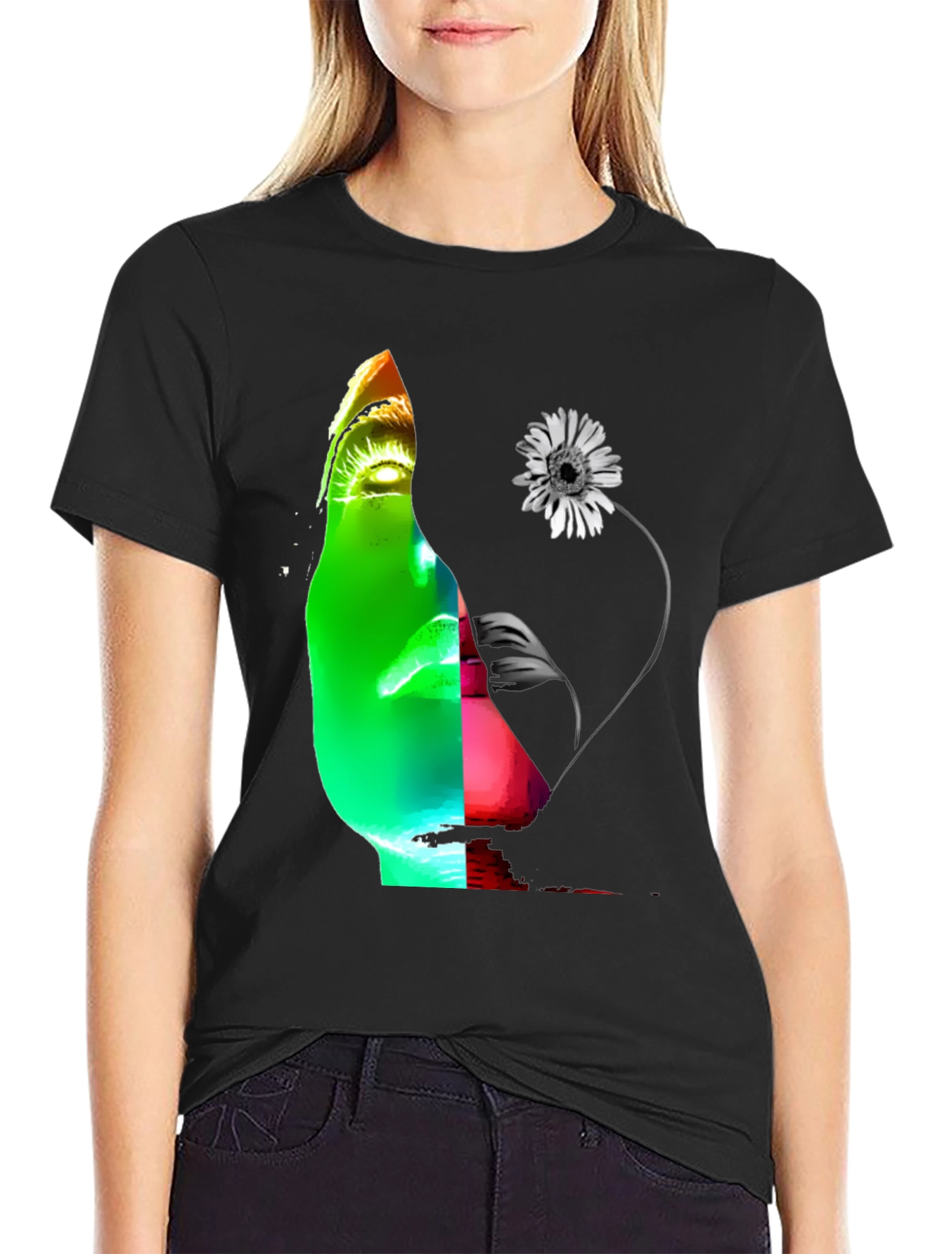 Abstract Face & Flower Graphic Black T-Shirt