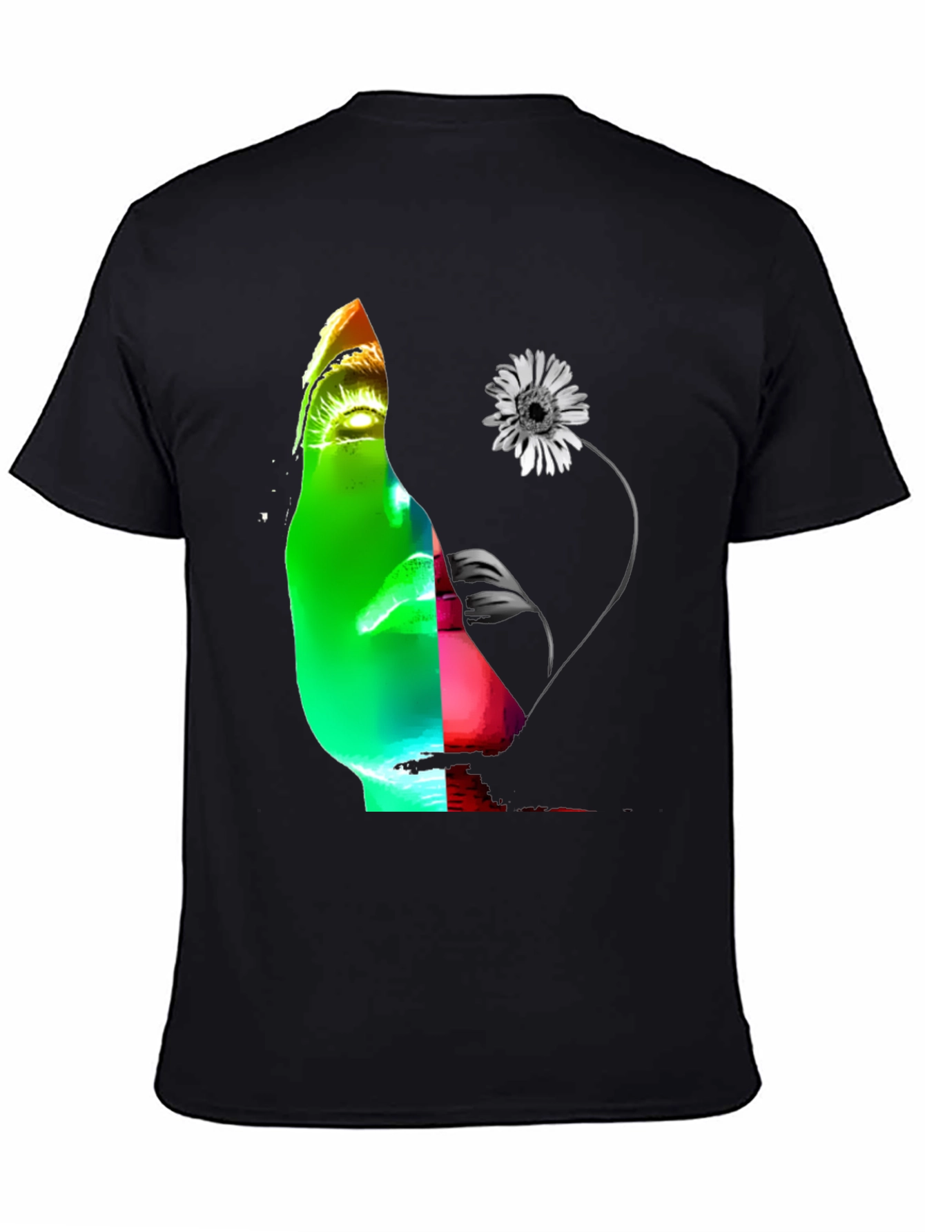 Abstract Face & Flower Graphic Black T-Shirt