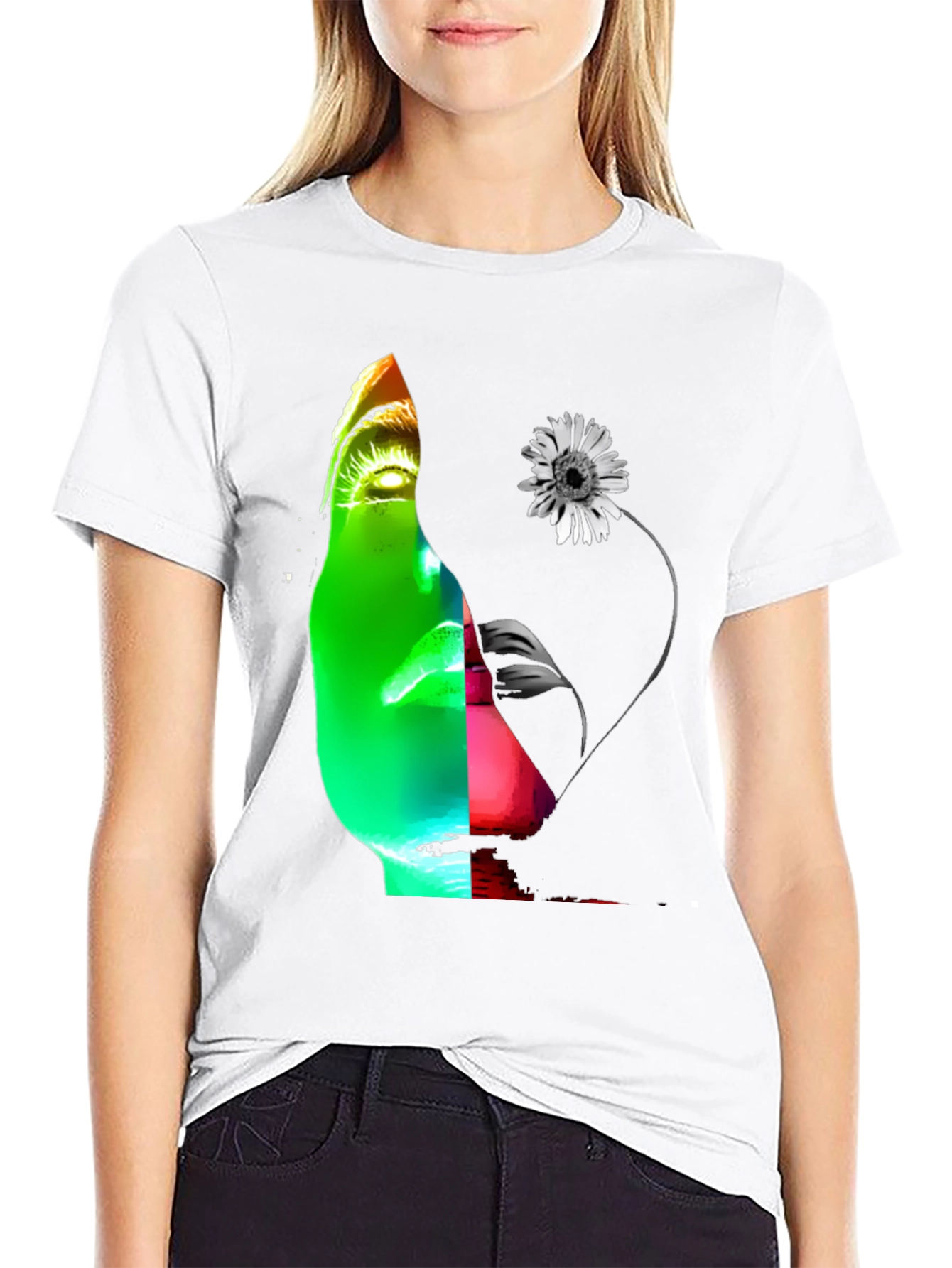 Abstract Face & Flower Graphic Black T-Shirt