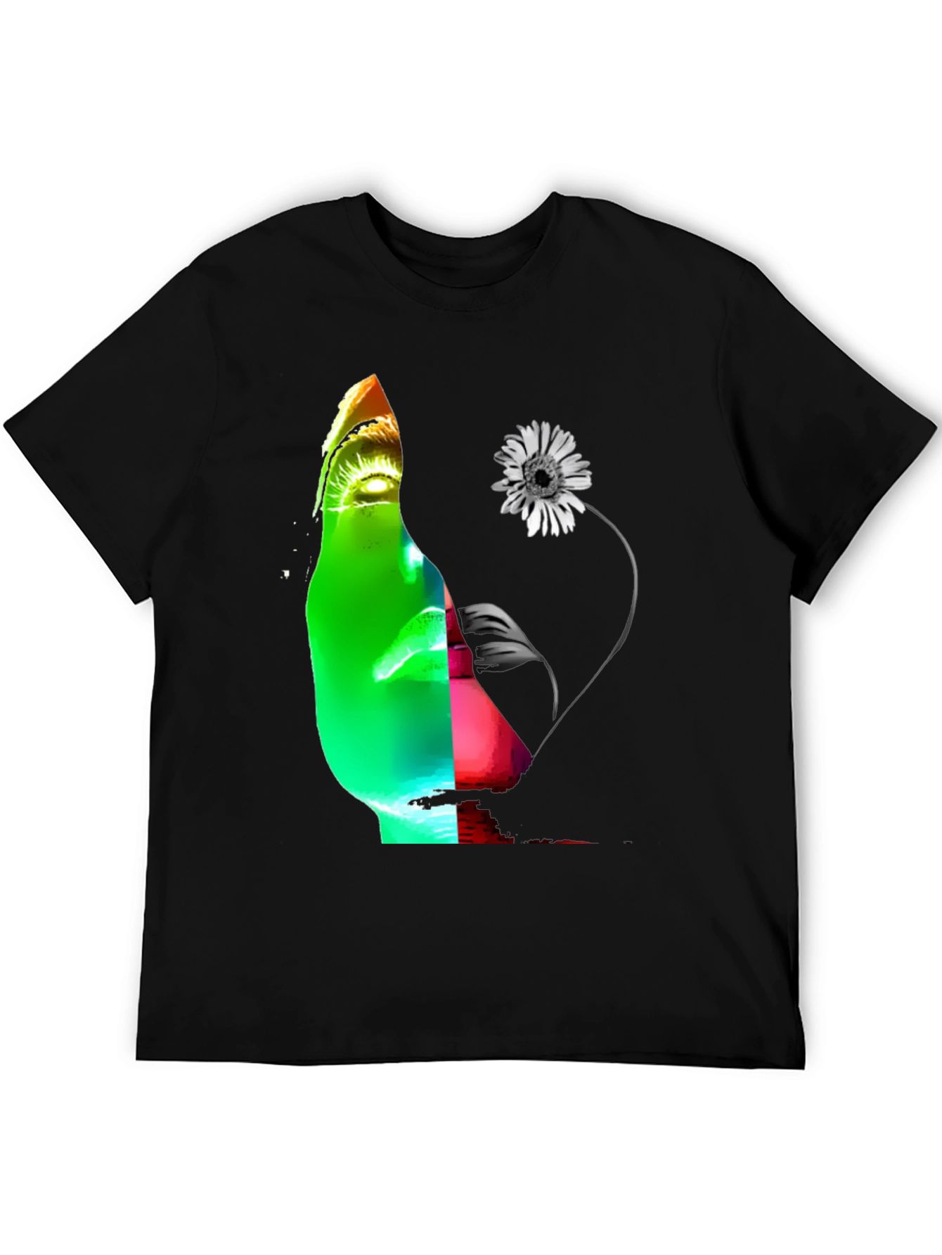 Abstract Face & Flower Graphic Black T-Shirt