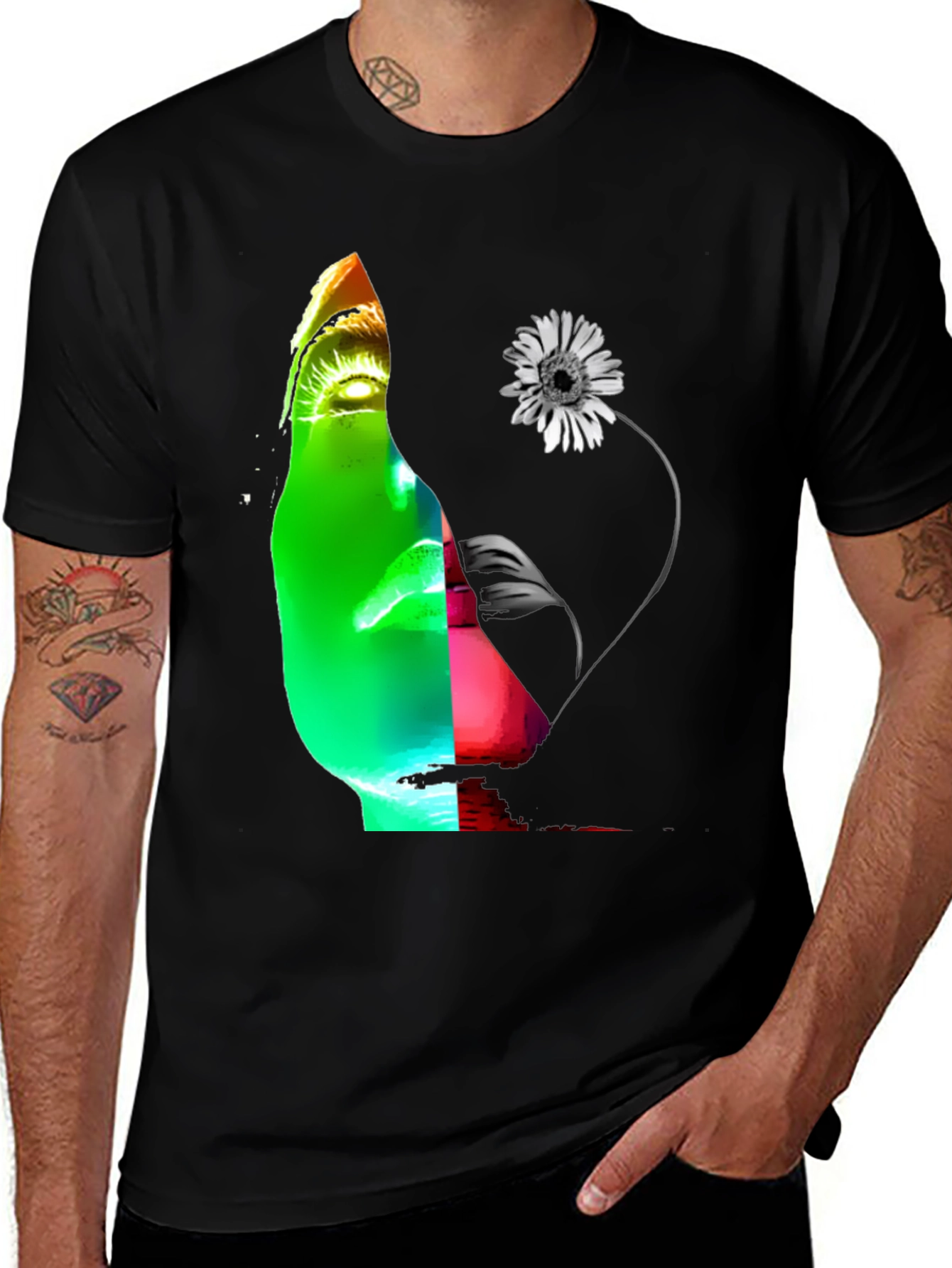 Abstract Face & Flower Graphic Black T-Shirt