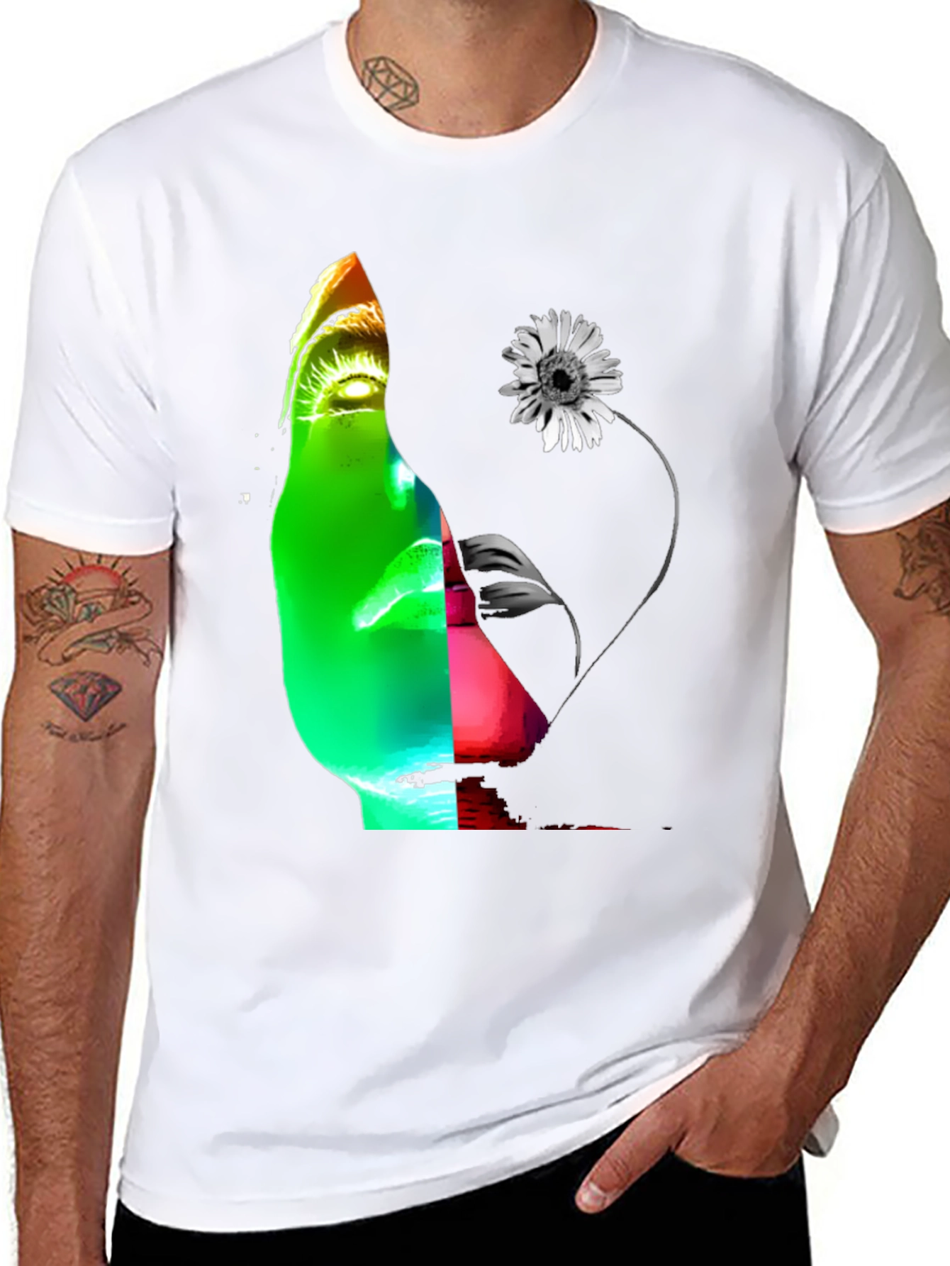 Abstract Face & Flower Graphic Black T-Shirt