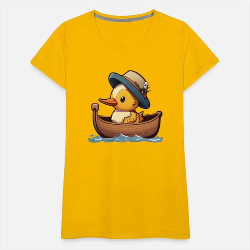 Cute duck in rowboat with summer hat and flower