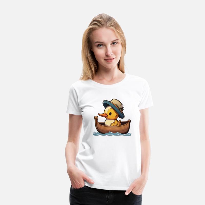 Cute duck in rowboat with summer hat and flower