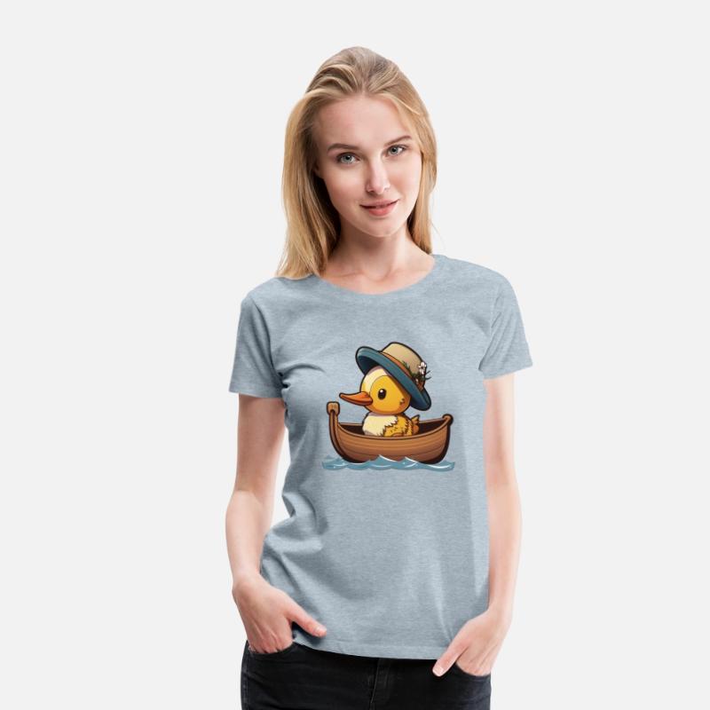 Cute duck in rowboat with summer hat and flower