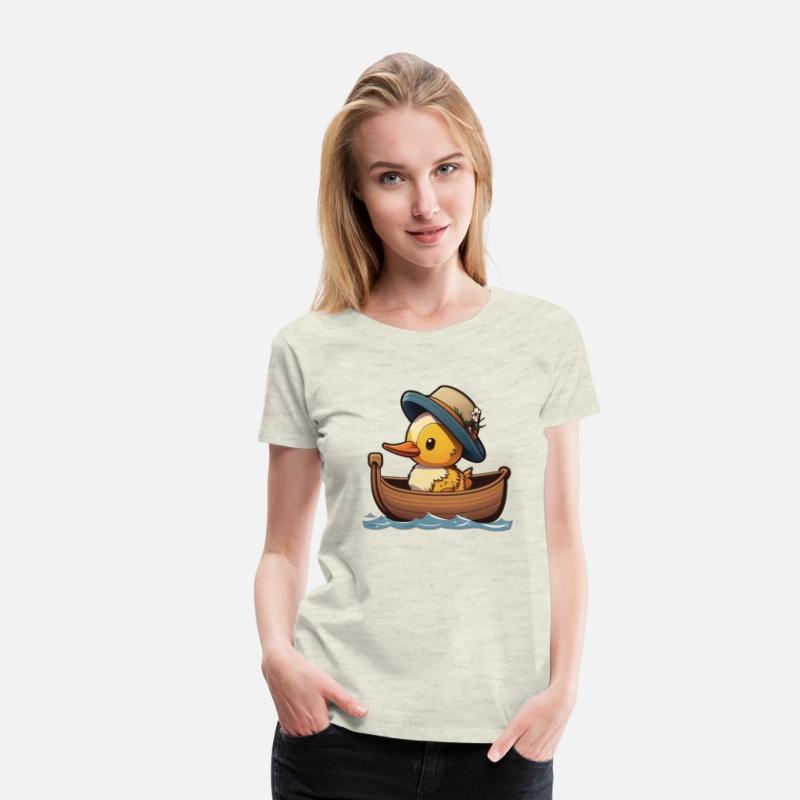 Cute duck in rowboat with summer hat and flower