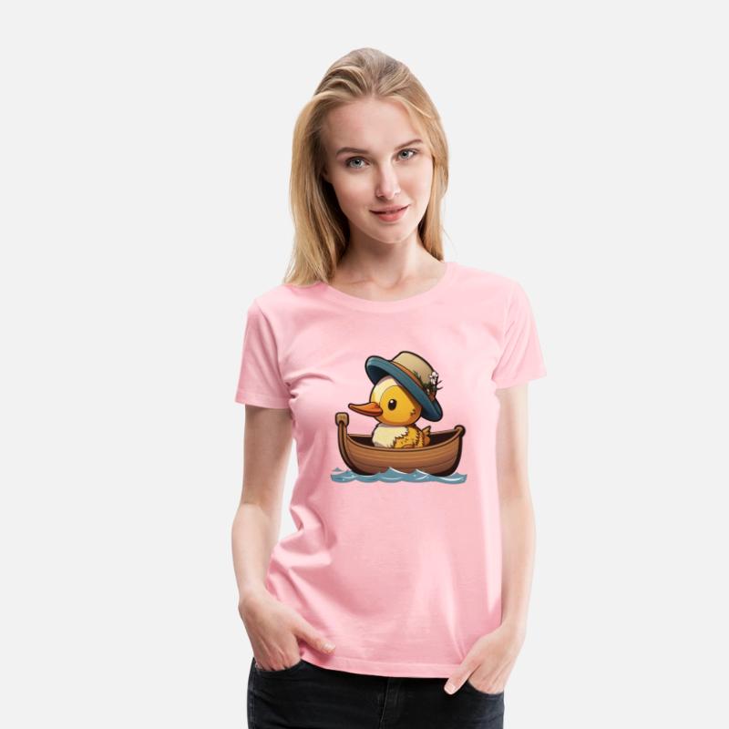 Cute duck in rowboat with summer hat and flower