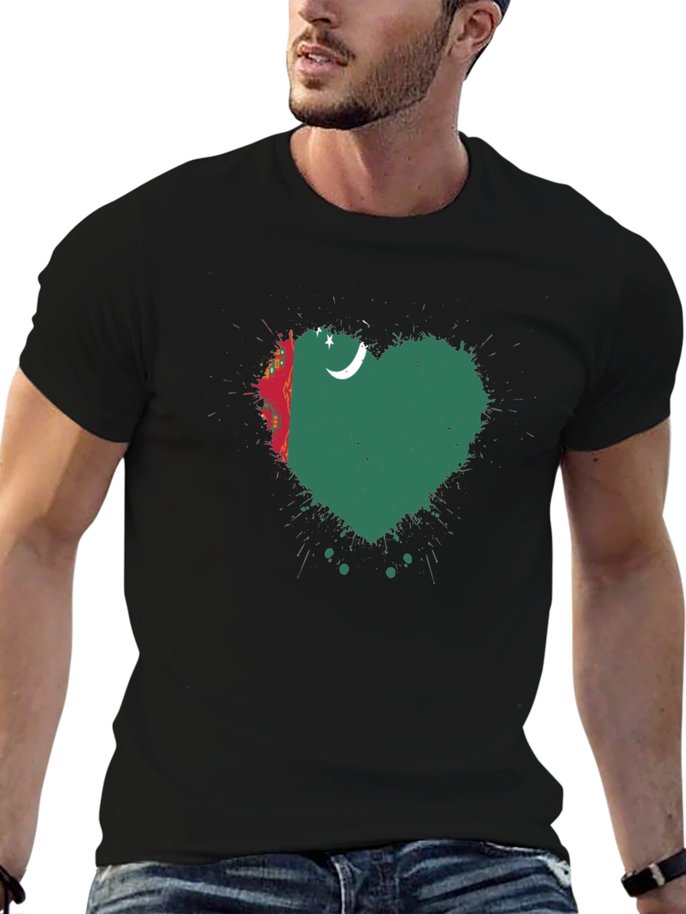 Turkmenistan Heart Flag T-Shirt - Black Cotton Tee