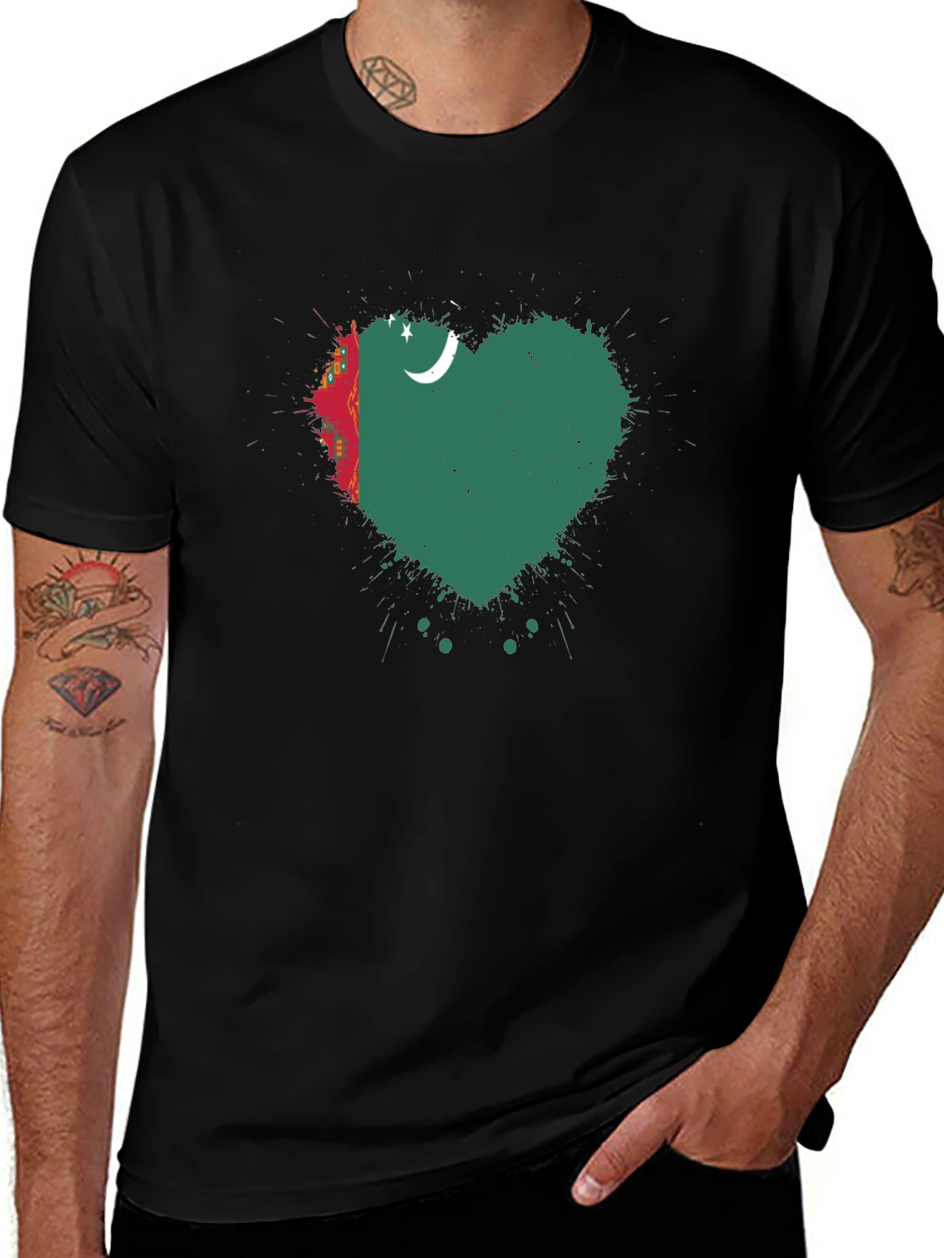 Turkmenistan Heart Flag T-Shirt - Black Cotton Tee