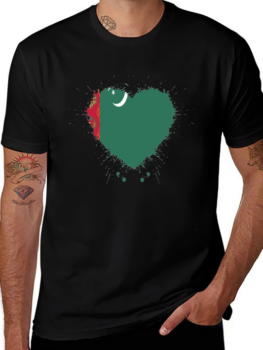 Turkmenistan Heart Flag T-Shirt - Black Cotton Tee