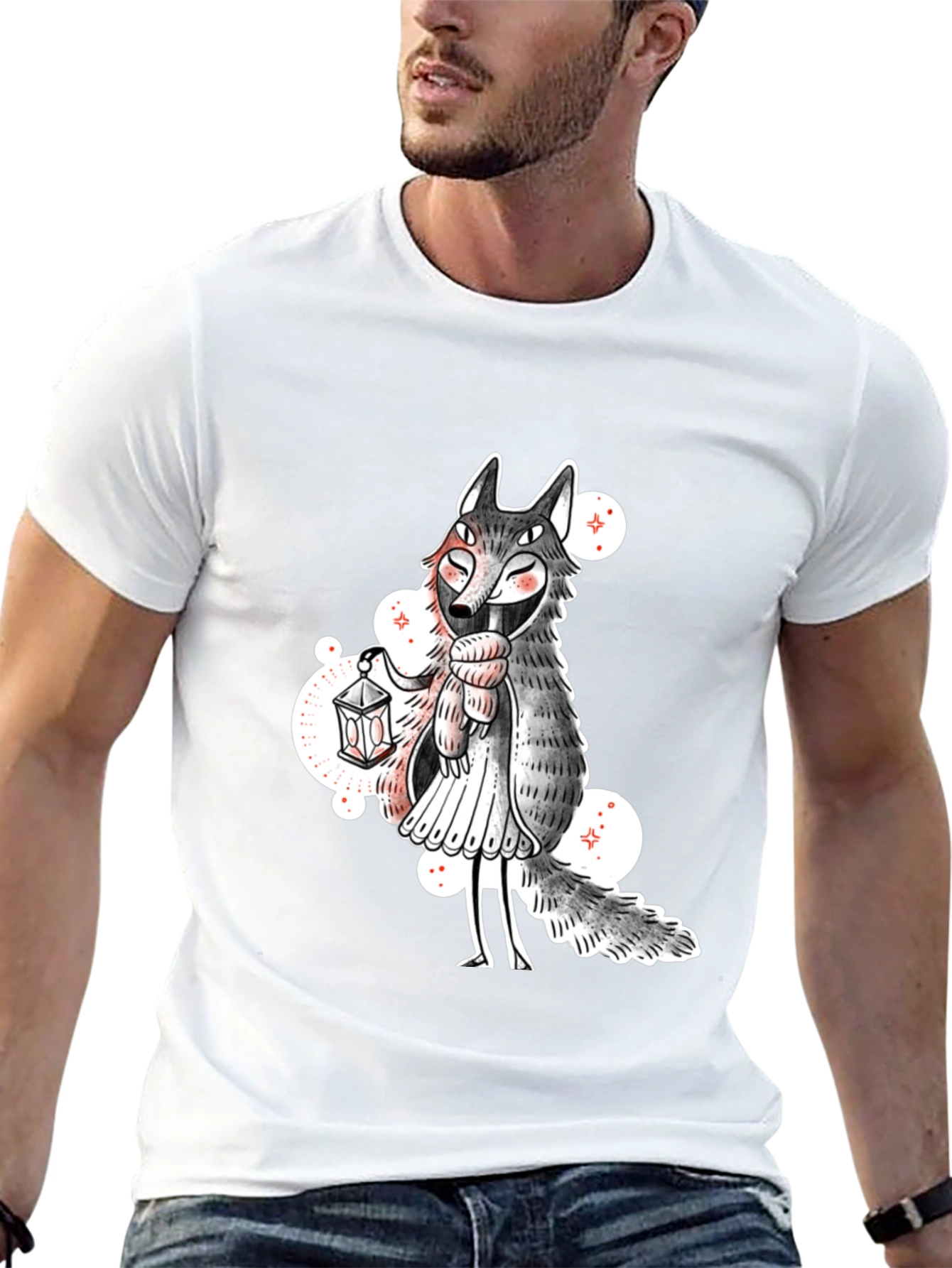 Whimsical Wolf Lantern Graphic Tee - Black
