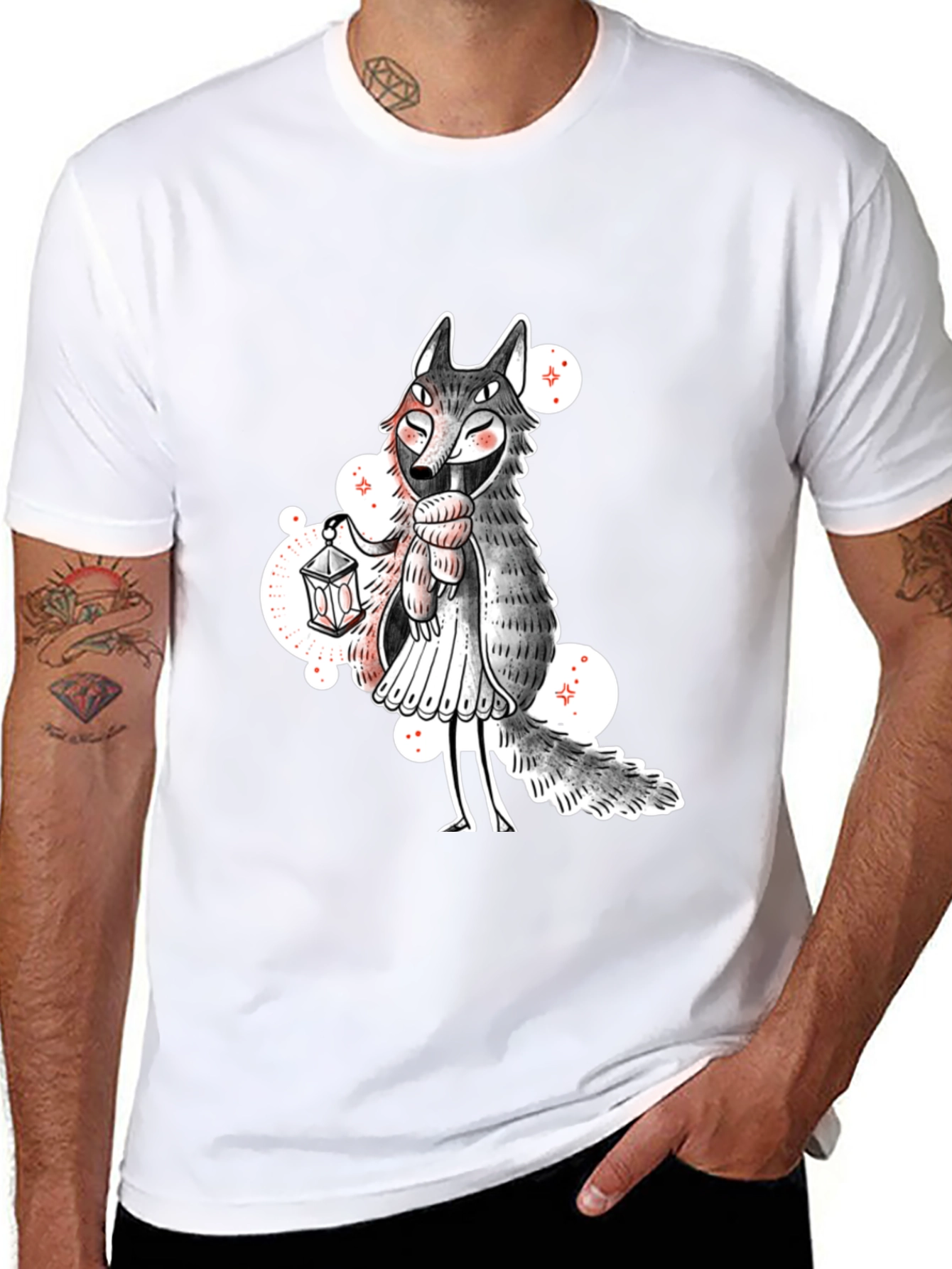 Whimsical Wolf Lantern Graphic Tee - Black