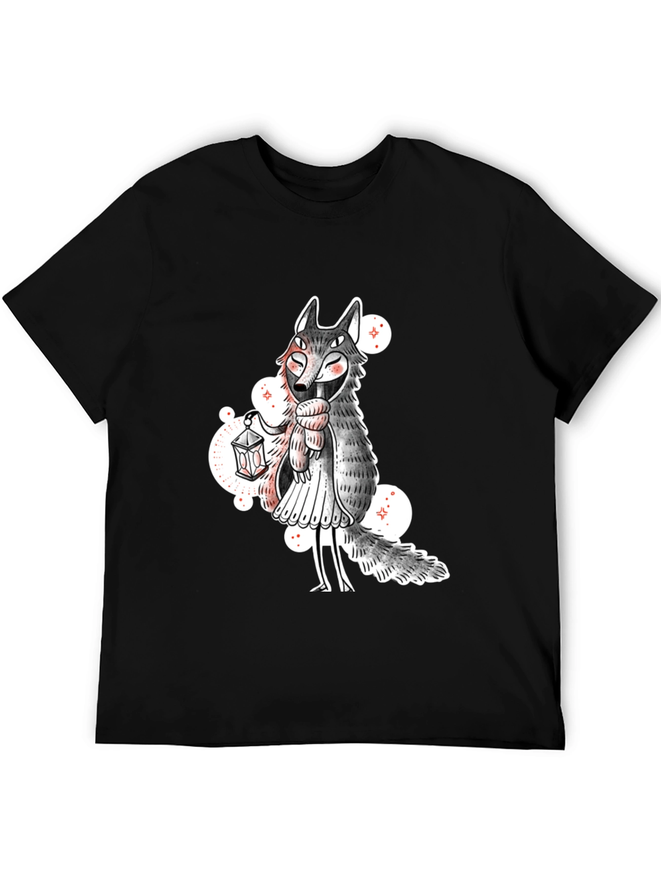 Whimsical Wolf Lantern Graphic Tee - Black