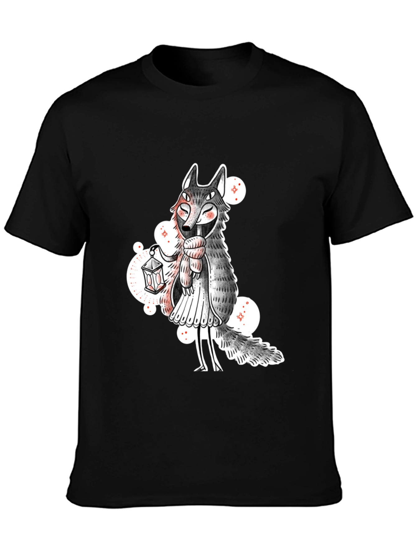 Whimsical Wolf Lantern Graphic Tee - Black