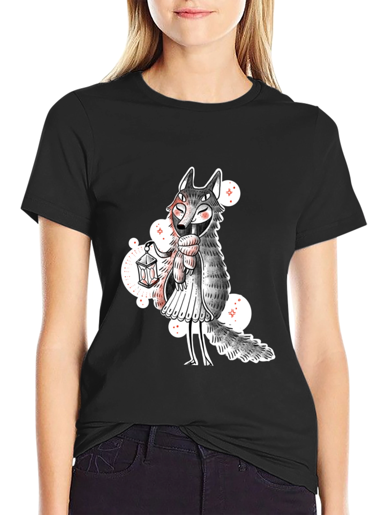 Whimsical Wolf Lantern Graphic Tee - Black