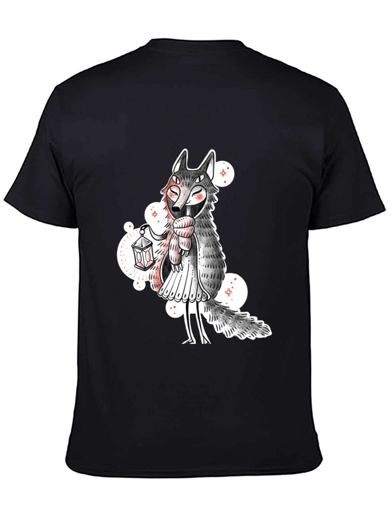 Whimsical Wolf Lantern Graphic Tee - Black