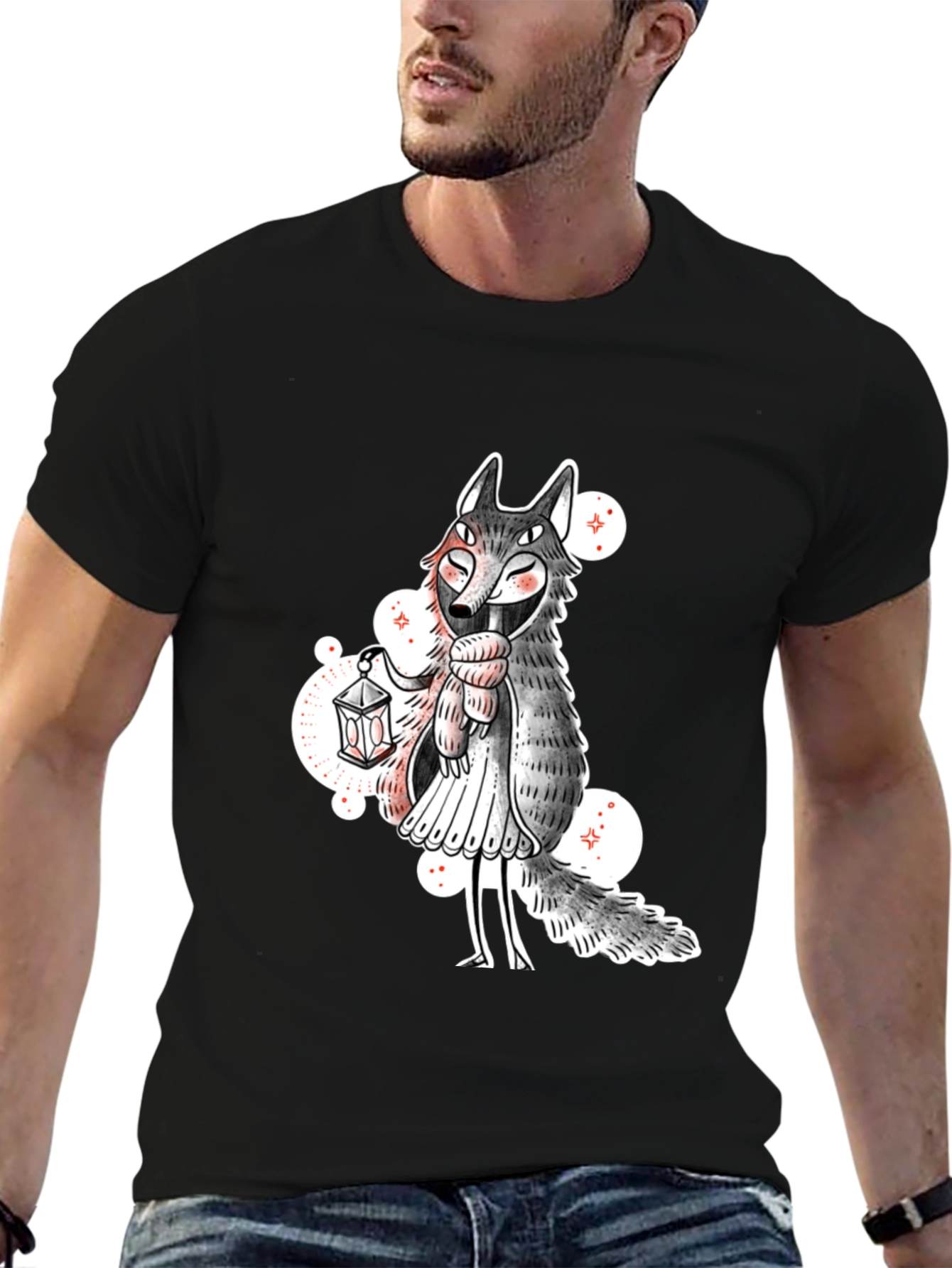 Whimsical Wolf Lantern Graphic Tee - Black