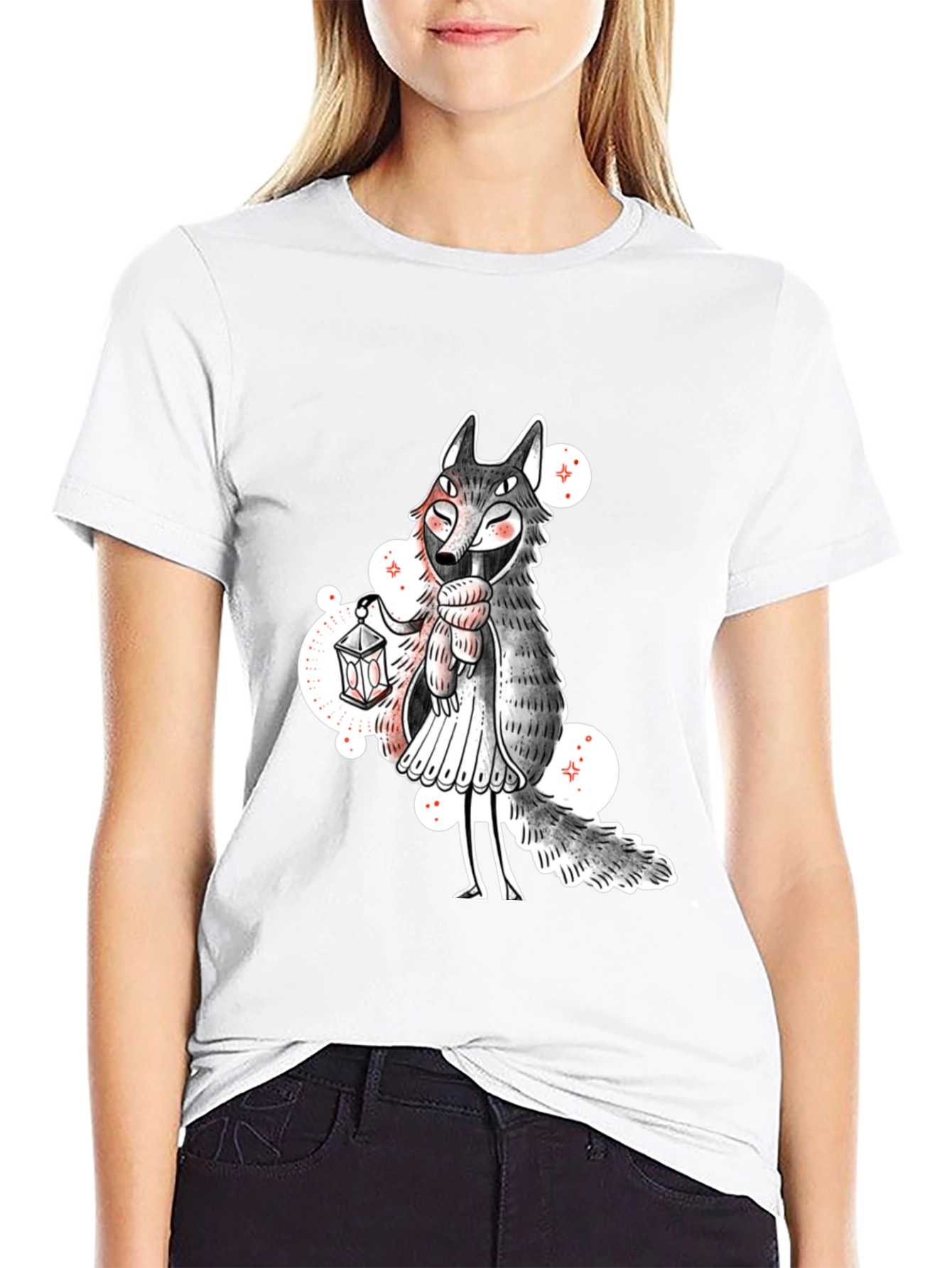 Whimsical Wolf Lantern Graphic Tee - Black