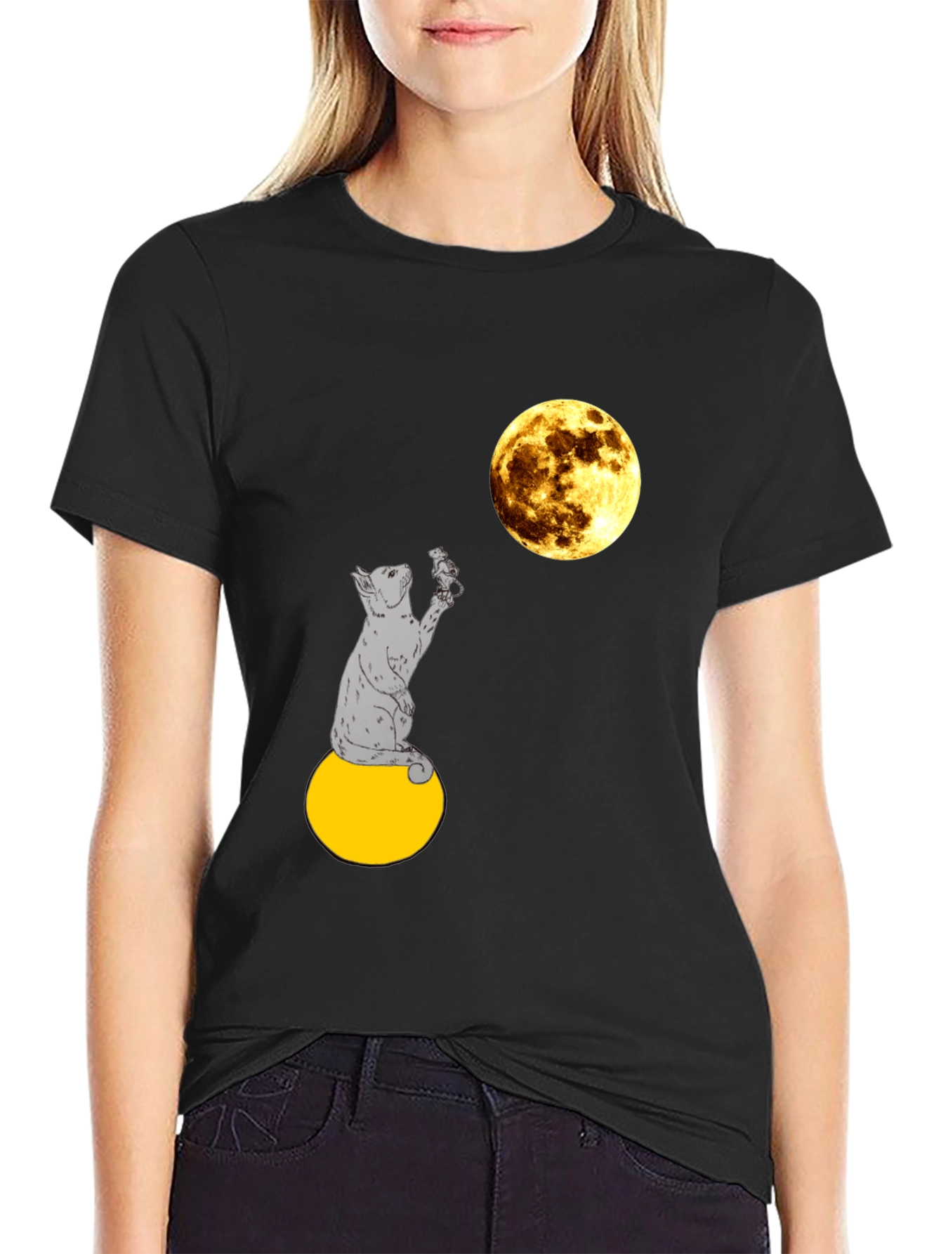 Cat & Moon Graphic Tee - Mens Black T-Shirt