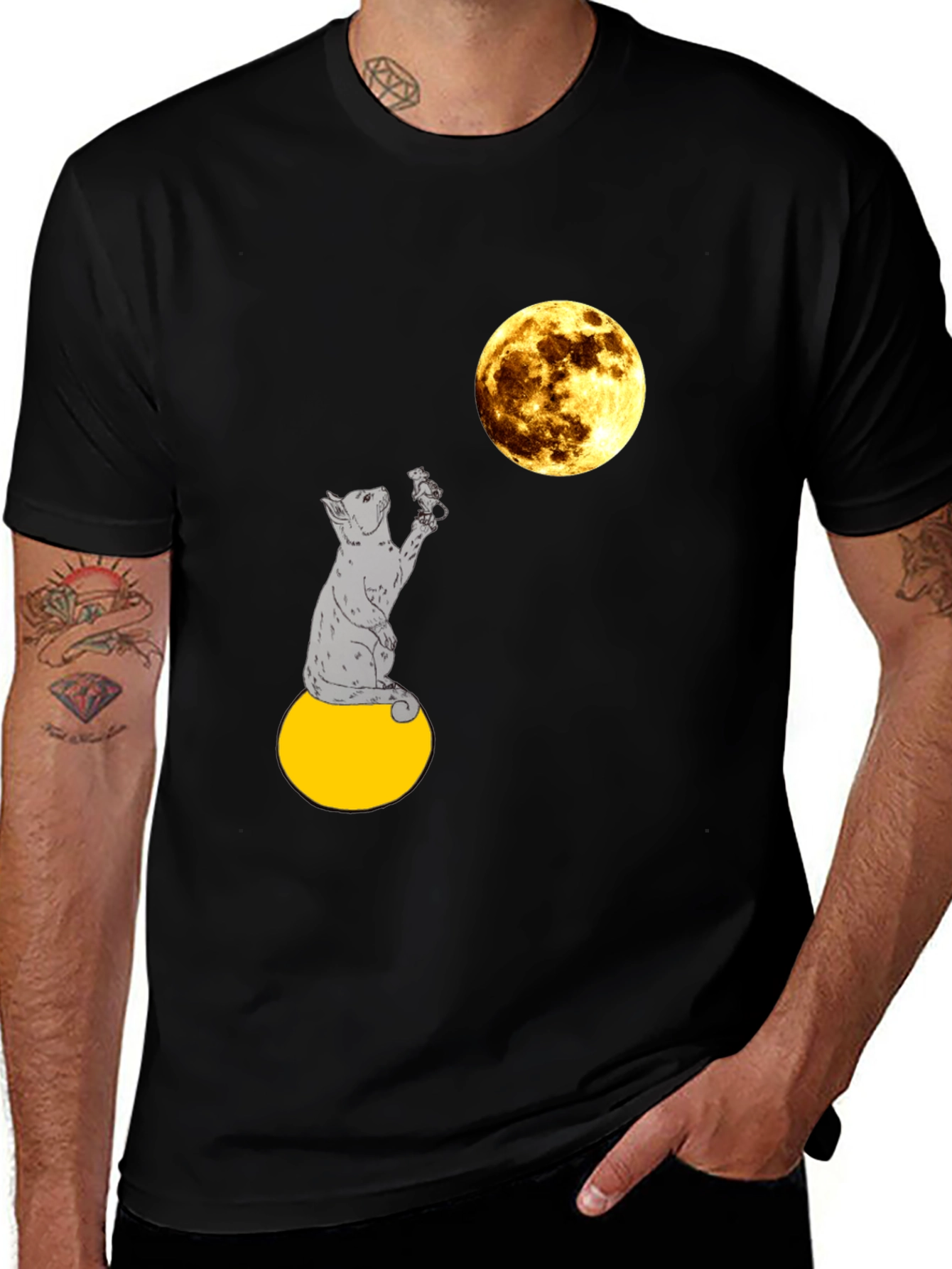 Cat & Moon Graphic Tee - Mens Black T-Shirt
