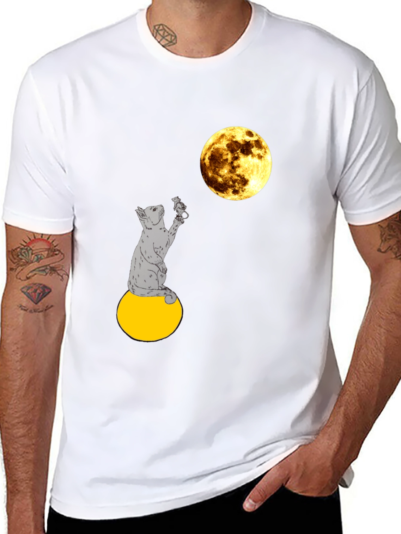 Cat & Moon Graphic Tee - Mens Black T-Shirt