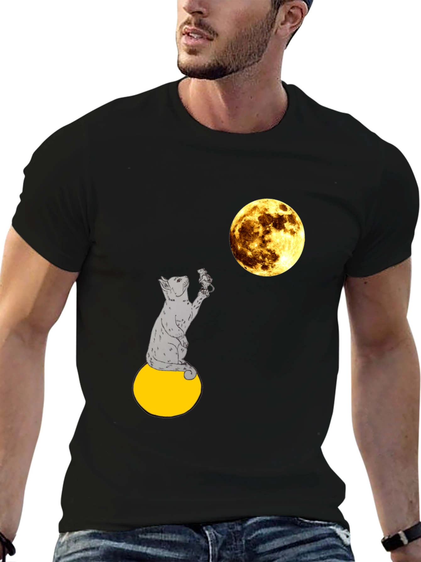 Cat & Moon Graphic Tee - Mens Black T-Shirt