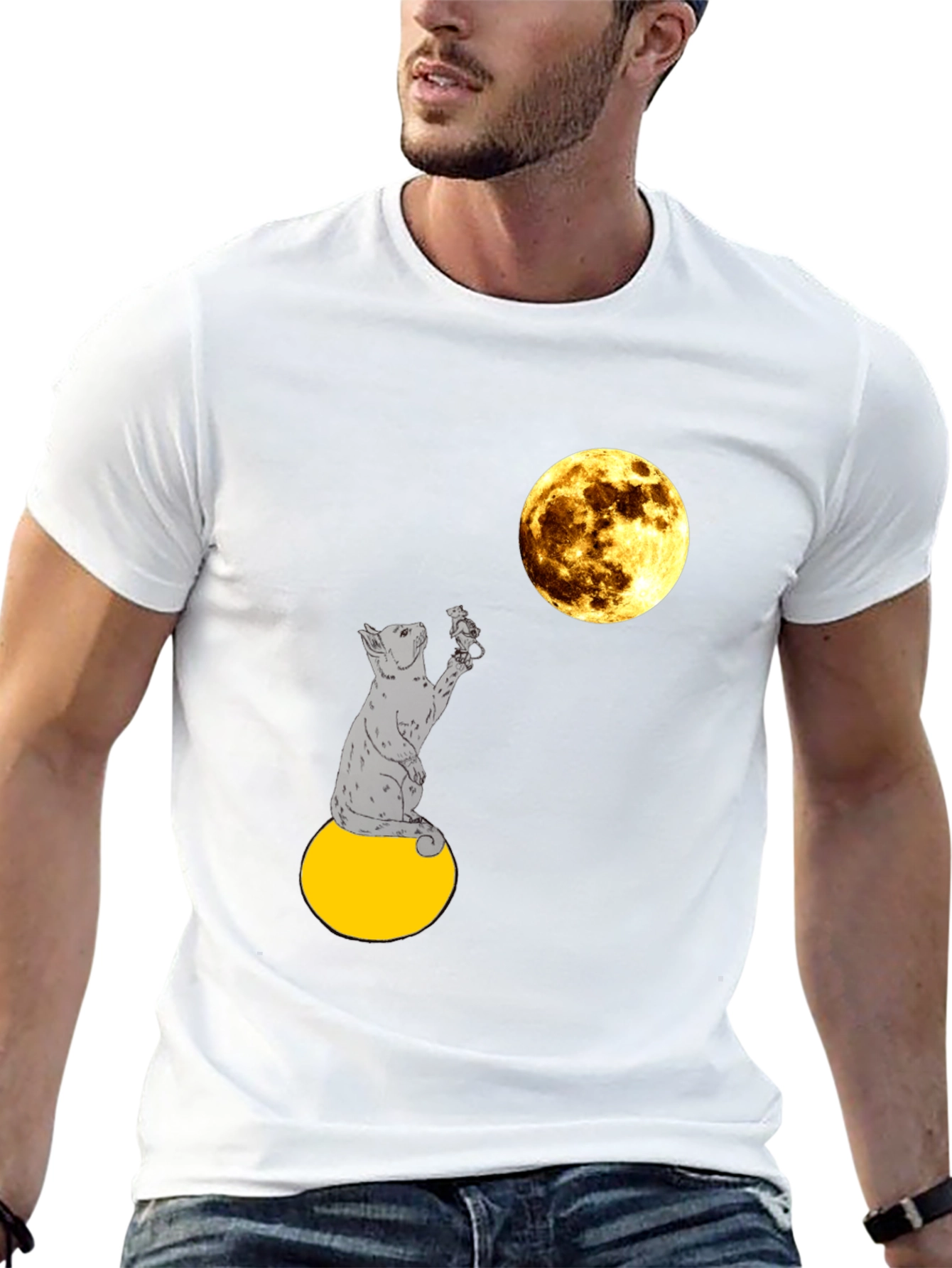 Cat & Moon Graphic Tee - Mens Black T-Shirt