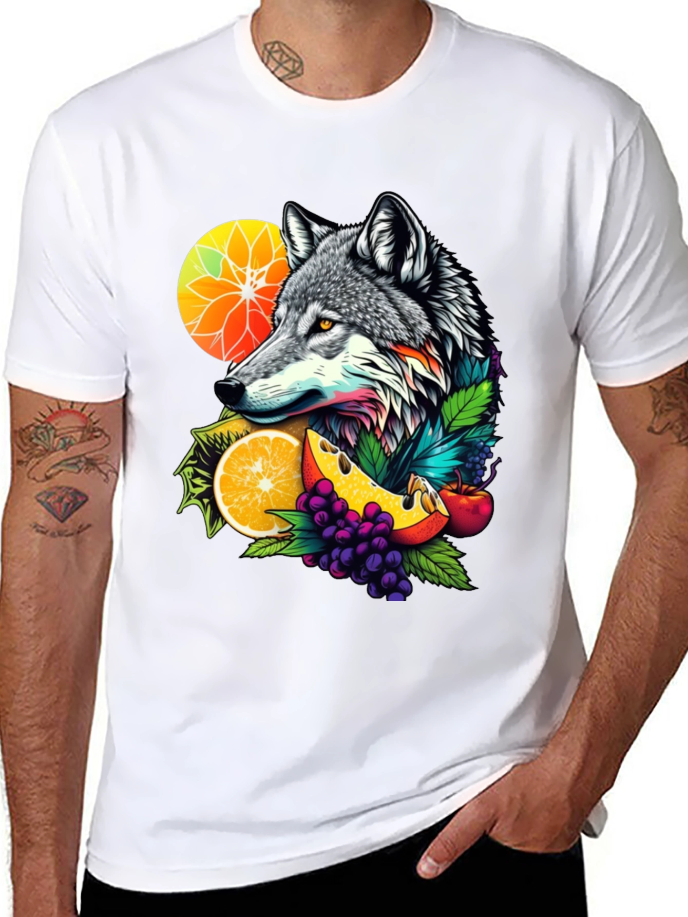 Wolf & Fruit Graphic Tee - Nature Inspired Design