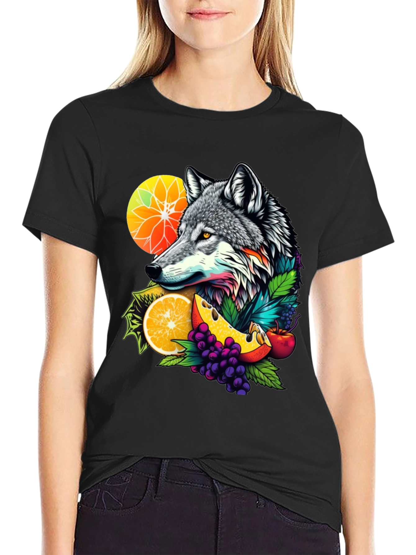 Wolf & Fruit Graphic Tee - Nature Inspired Design