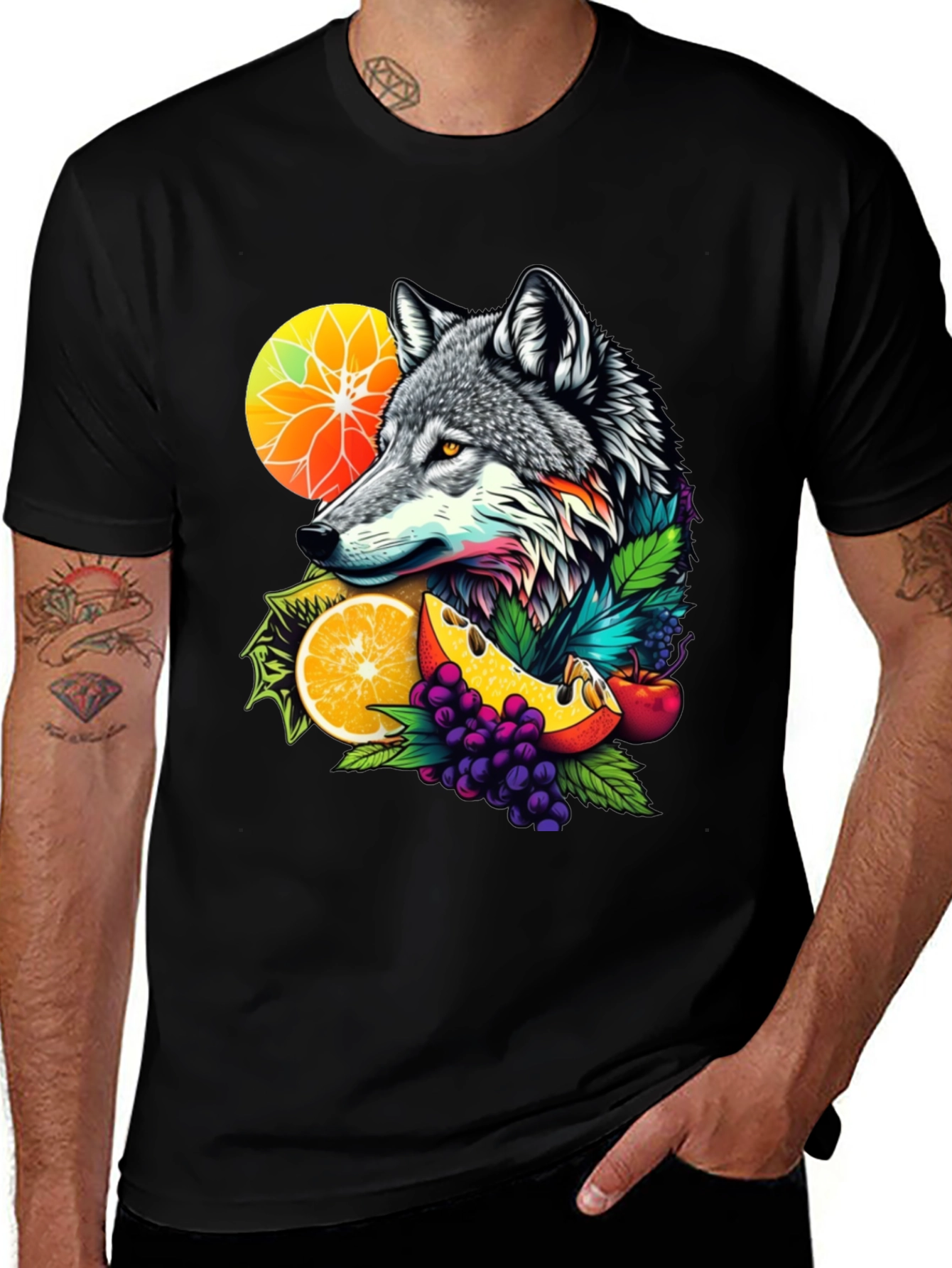 Wolf & Fruit Graphic Tee - Nature Inspired Design
