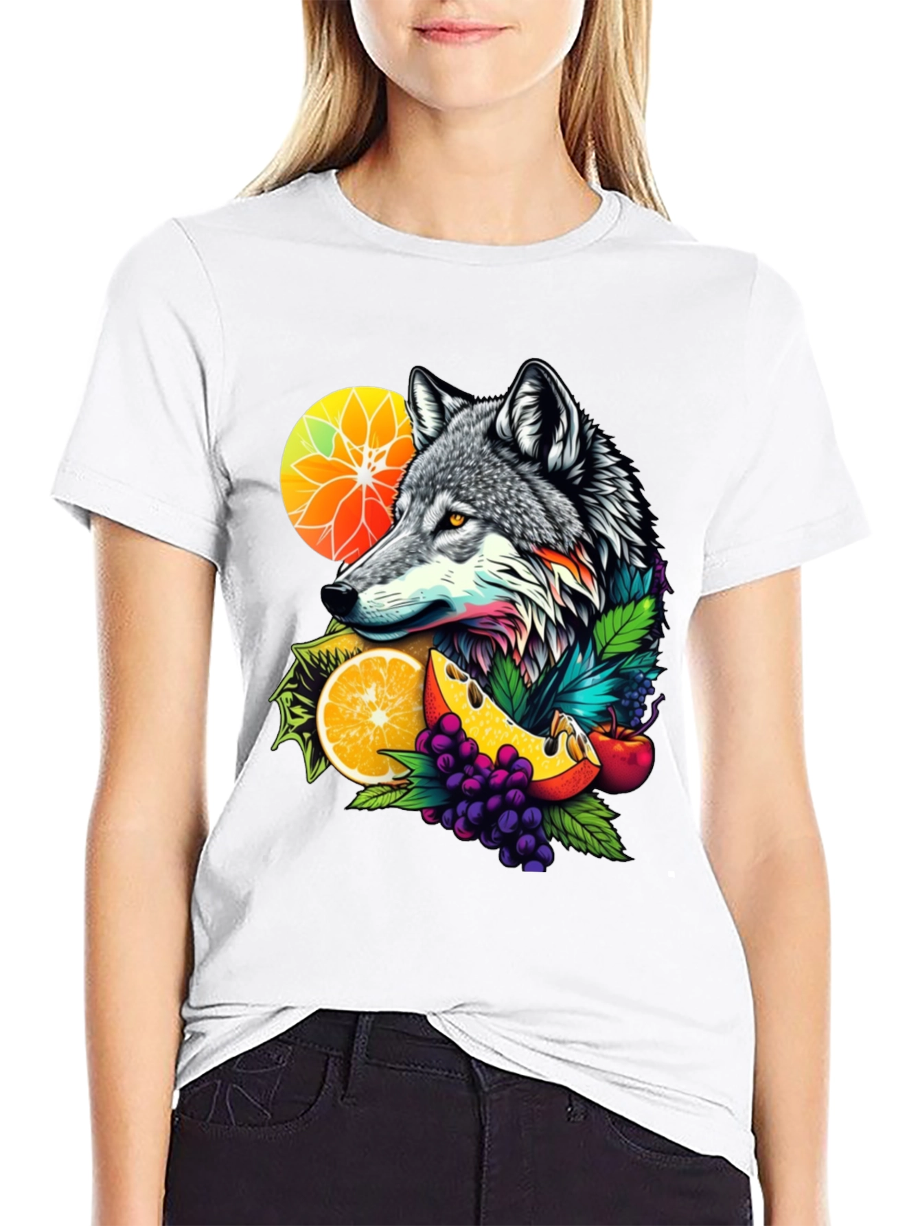 Wolf & Fruit Graphic Tee - Nature Inspired Design